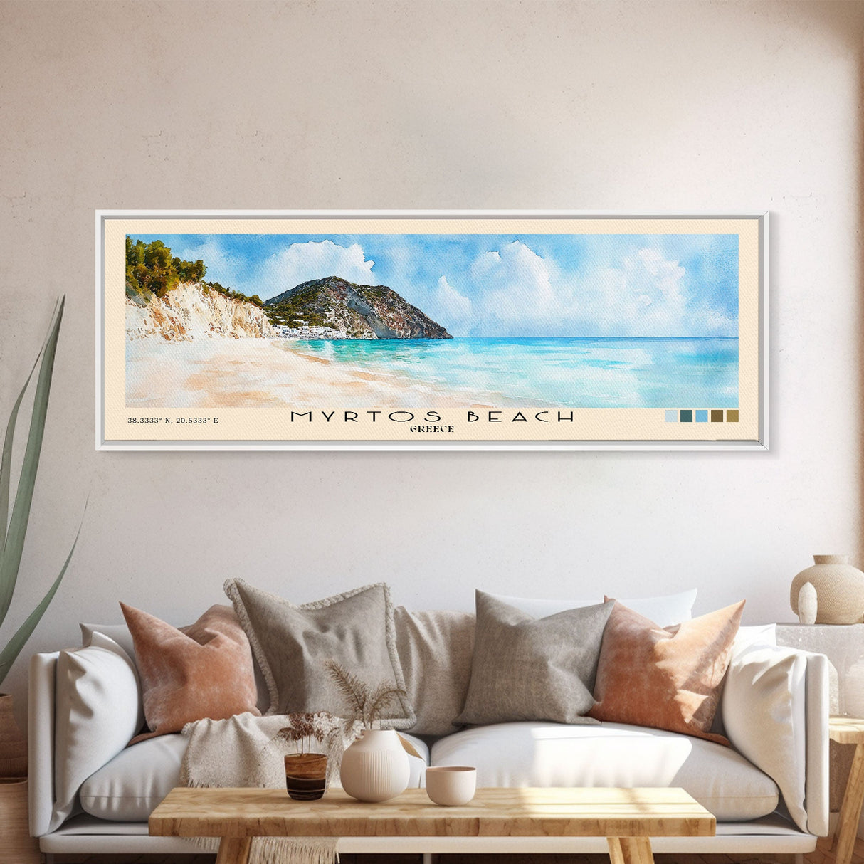 Myrtos Beach, Greece Watercolor Print, Vacation Gift, Greece Wall Art, Beach Painting, Beach Decor, Large Wall Art, Wood Frame Art