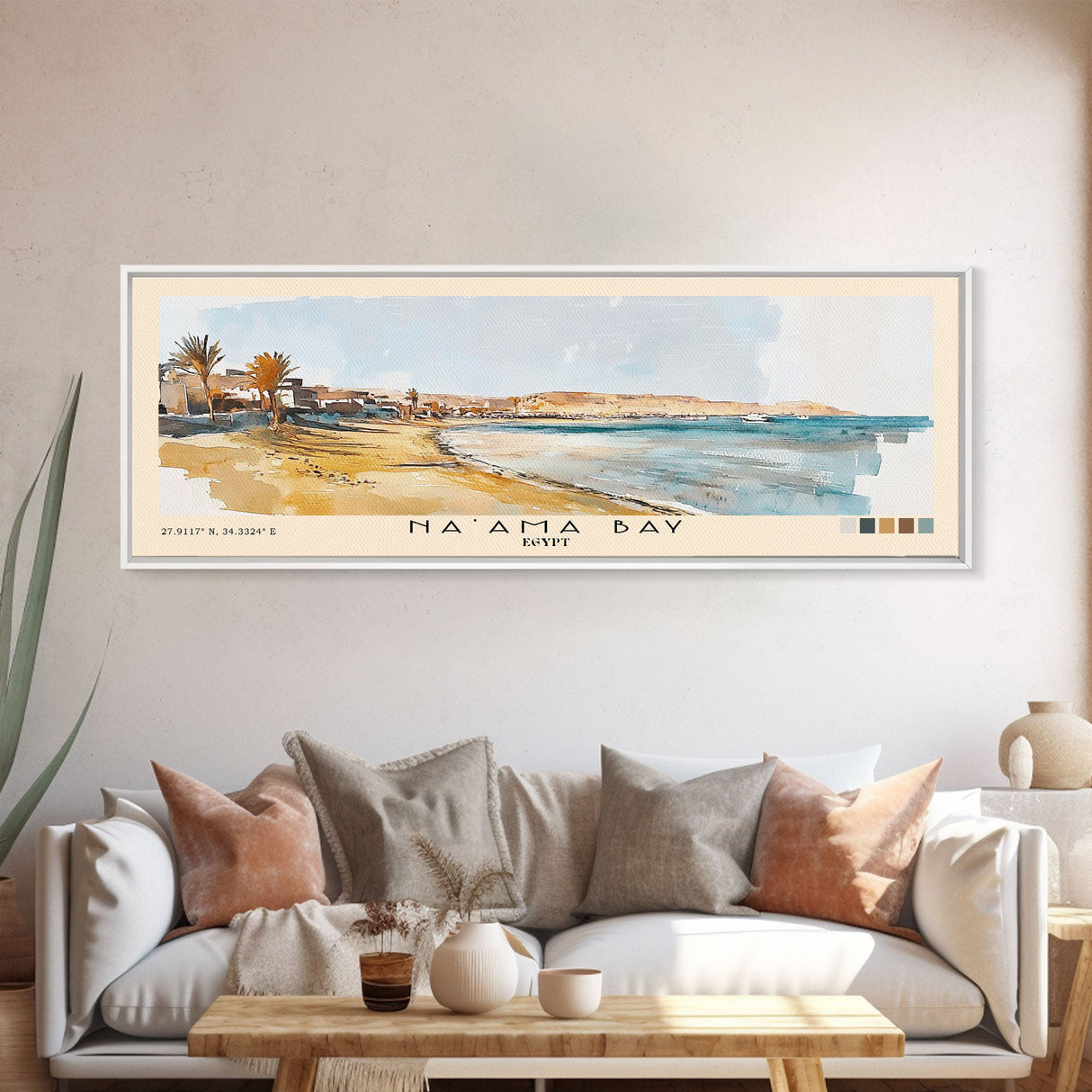 Na’ama Bay, Egypt Watercolor Beach Print, Vacation Gift, Egypt Wall Art, Framed Canvas Print, Framed Beach Painting