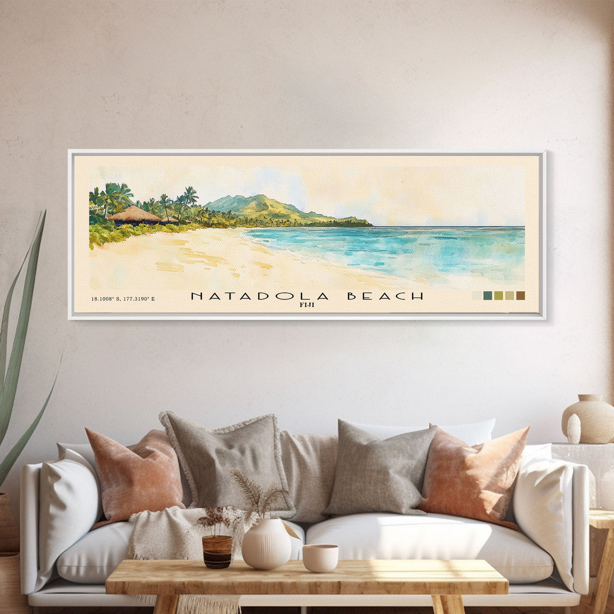 Natadola Beach, Fiji Watercolor Print, Vacation Gift, Fiji Wall Art, Beach Painting, Beach Decor, Large Wall Art, Wood Frame Art