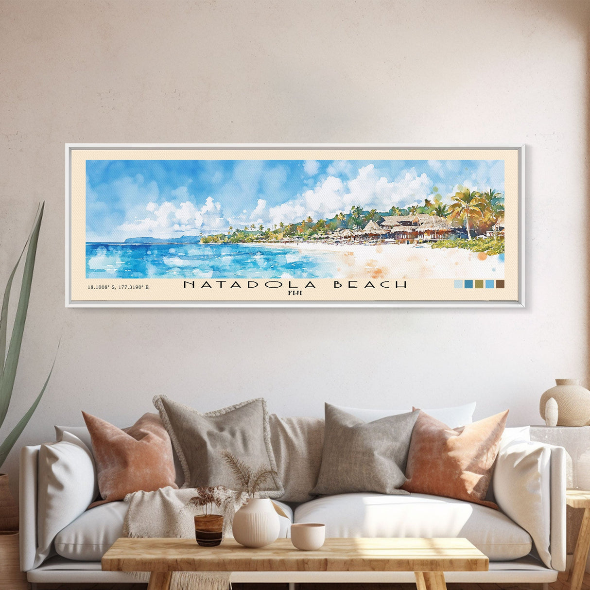 Natadola Beach, Fiji Watercolor Beach Print, Vacation Gift, Fiji Wall Art, Framed Canvas Print, Framed Beach Painting