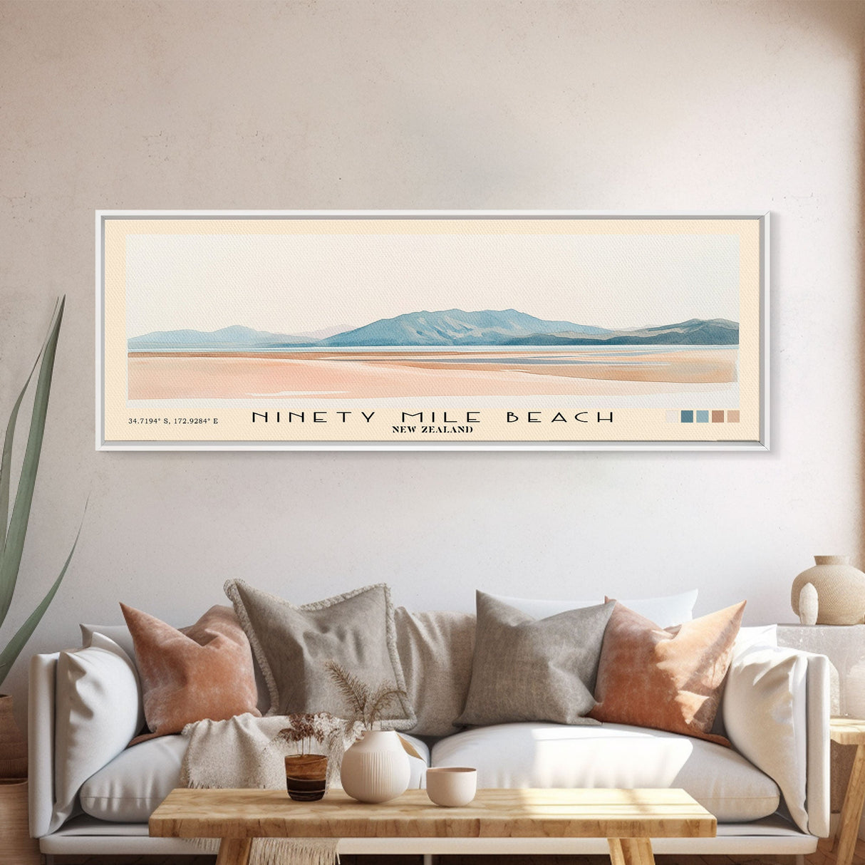 Ninety Mile Beach, New Zealand Watercolor Print, Vacation Gift, New Zealand Wall Art, Beach Painting, Beach Decor, Large Wall Art, Wood Frame Art