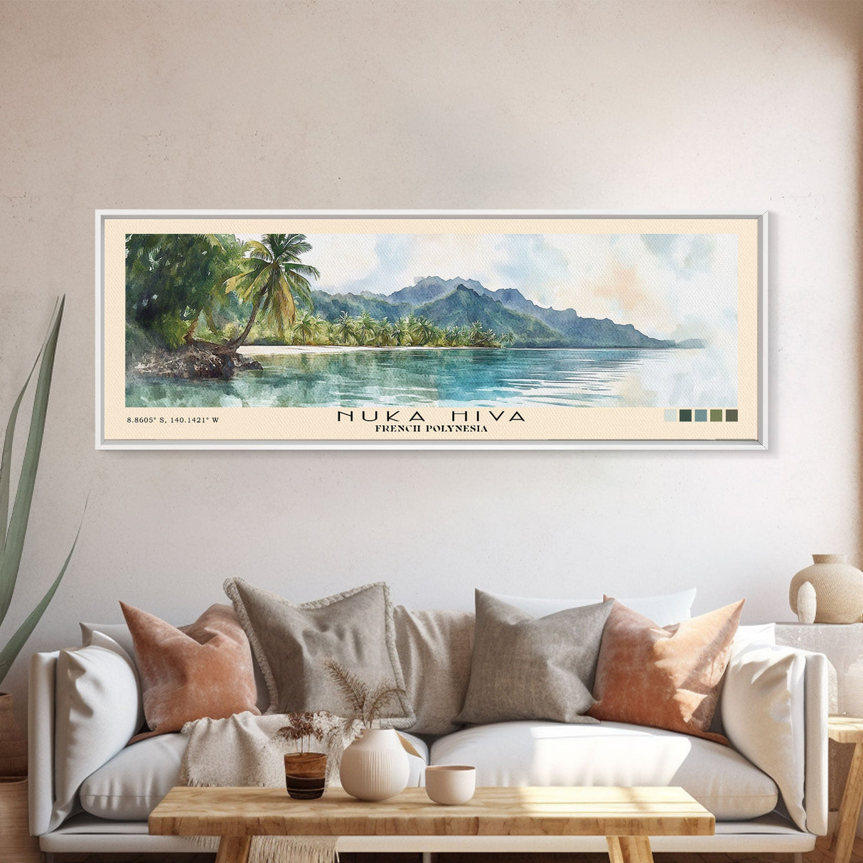 Nuka Hiva, French Polynesia Watercolor Beach Print, Vacation Gift, French Polynesia Wall Art, Framed Canvas Print, Framed Beach Painting