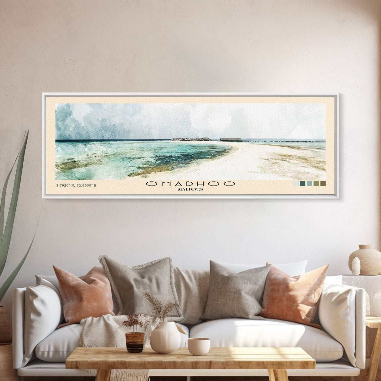 Omadhoo, Maldives Watercolor Print, Vacation Gift, Maldives Wall Art, Beach Painting, Beach Decor, Large Wall Art, Wood Frame Art