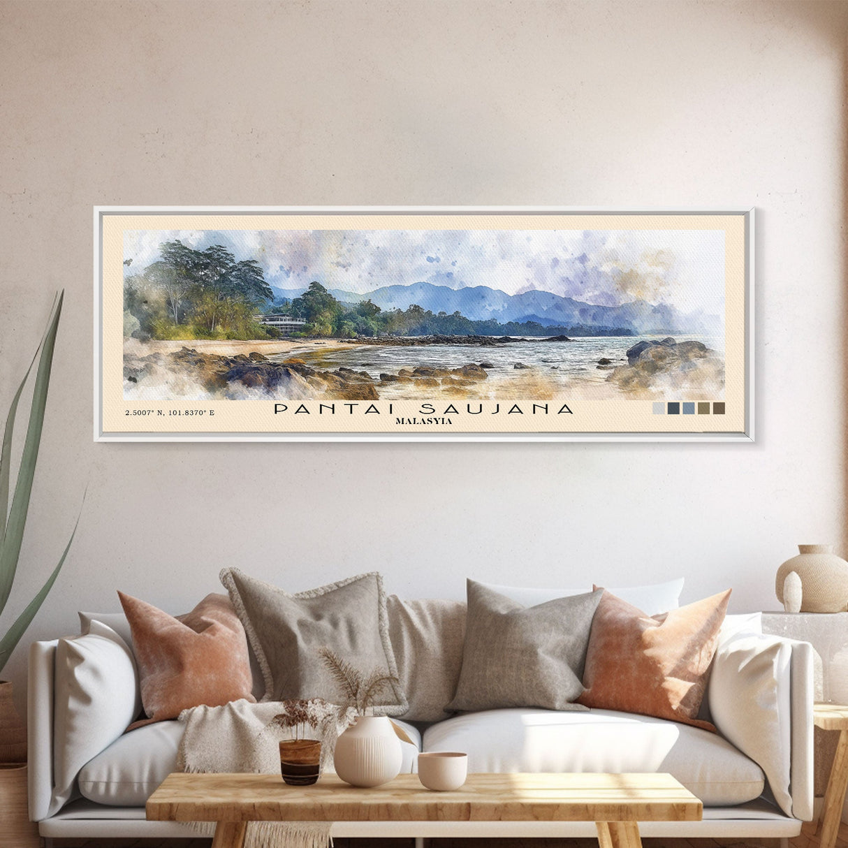 Pantai Saujana, Malasyia Watercolor Print, Vacation Gift, Malasyia Wall Art, Beach Painting, Beach Decor, Large Wall Art, Wood Frame Art