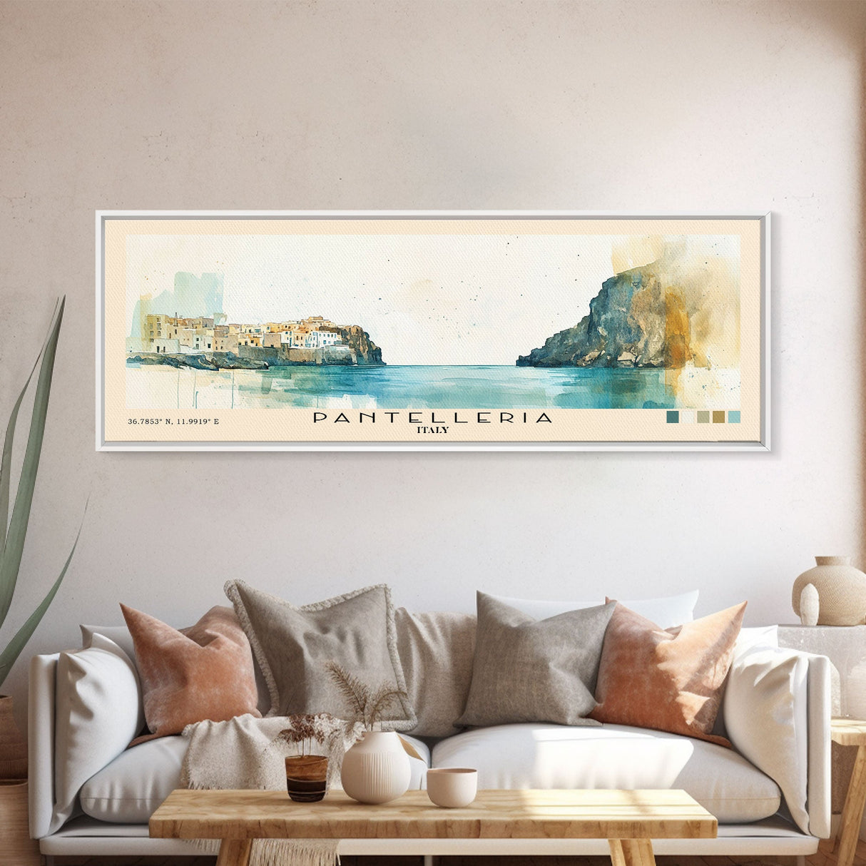 Pantelleria, Italy Watercolor Beach Print, Vacation Gift, Italy Wall Art, Framed Canvas Print, Framed Beach Painting