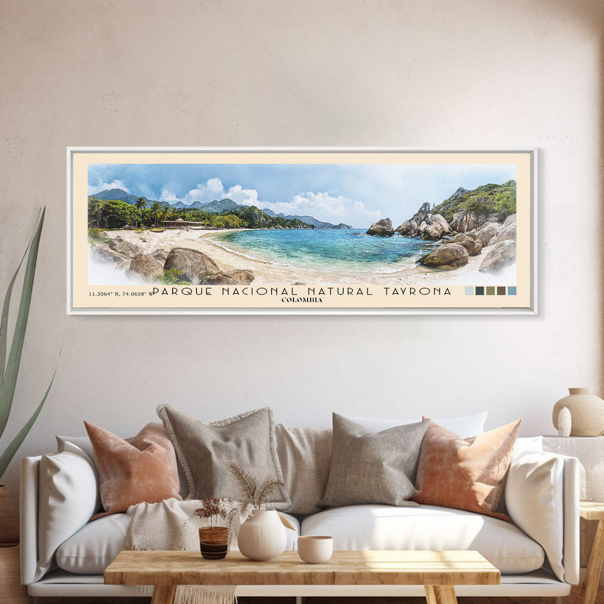 Parque Nacional Natural Tayrona, Colombia Watercolor Print, Vacation Gift, Colombia Wall Art, Beach Painting, Beach Decor, Large Wall Art, Wood Frame Art