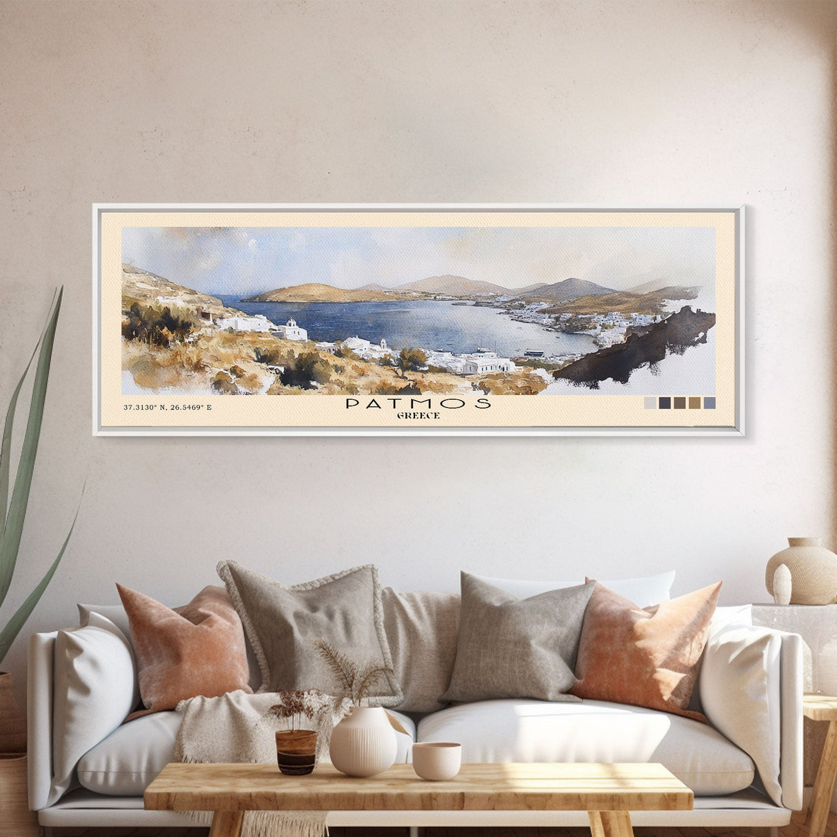 Patmos, Greece Watercolor Beach Print, Vacation Gift, Greece Wall Art, Framed Canvas Print, Framed Beach Painting