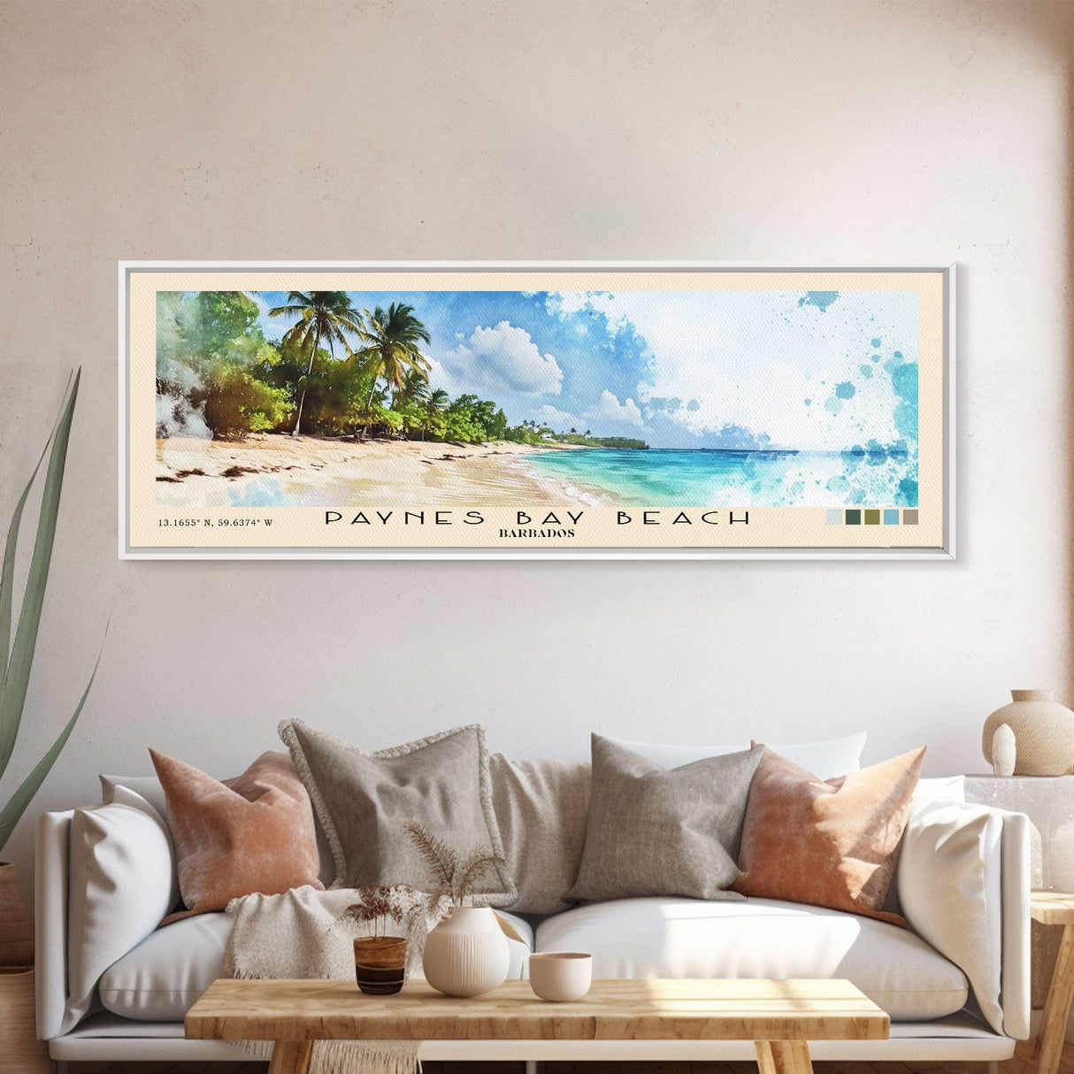 Paynes Bay Beach, Barbados Watercolor Print, Vacation Gift, Barbados Wall Art, Beach Painting, Beach Decor, Large Wall Art, Wood Frame Art