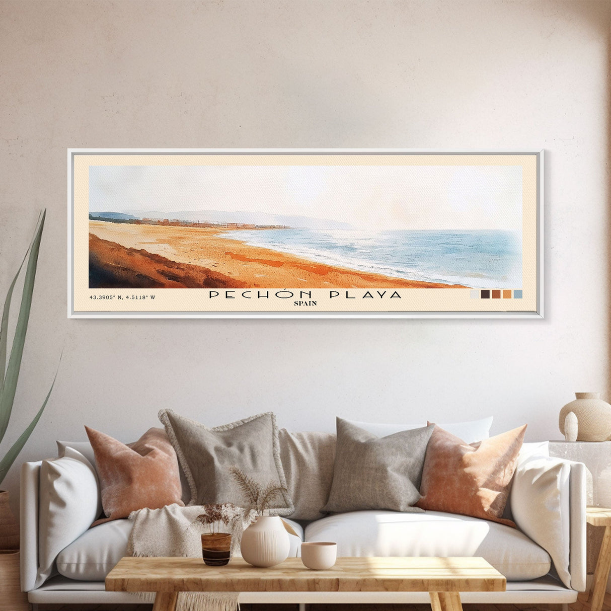 Pechón Playa, Spain Watercolor Print, Vacation Gift, Spain Wall Art, Beach Painting, Beach Decor, Large Wall Art, Wood Frame Art