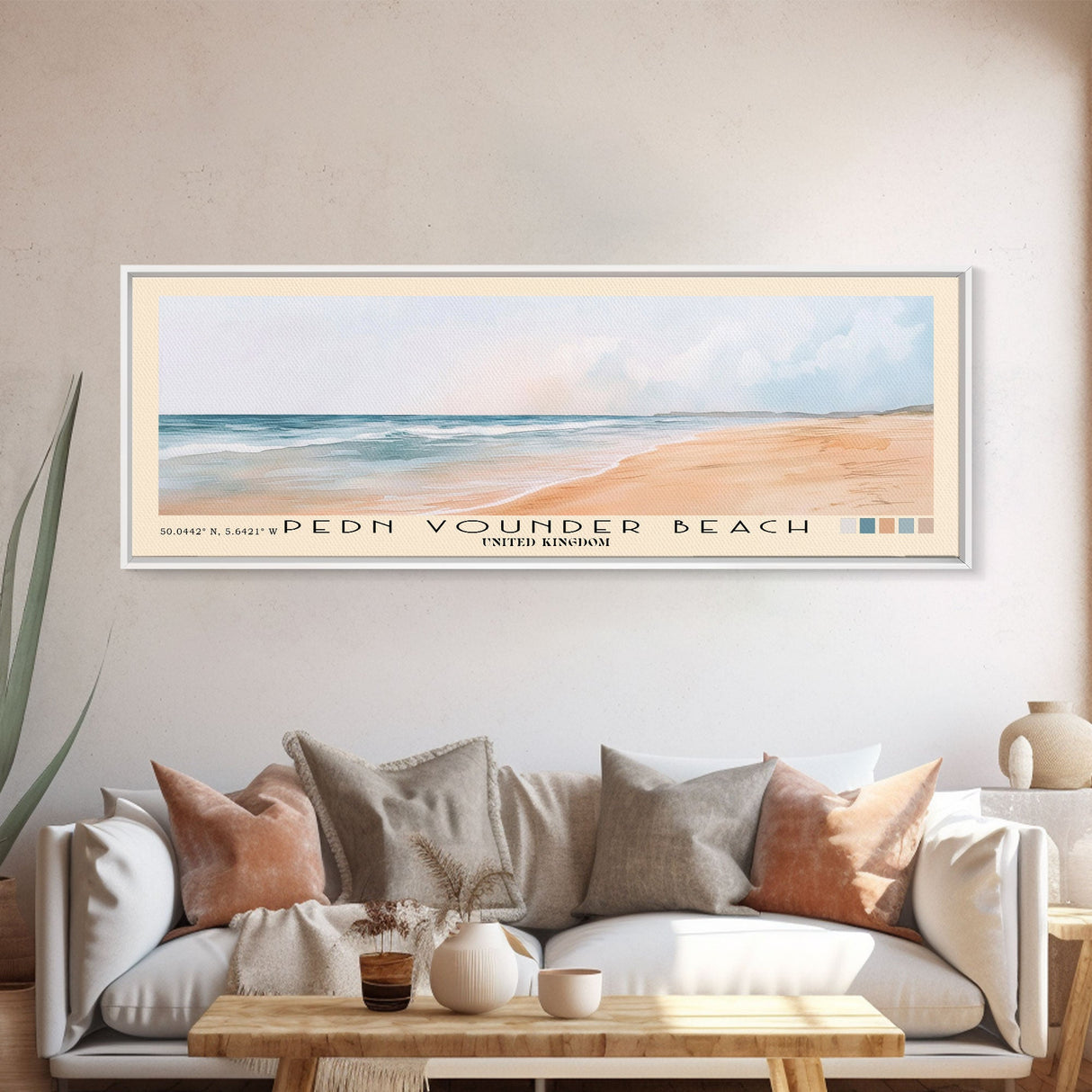 Pedn Vounder Beach, United Kingdom Watercolor Beach Print, Vacation Gift, United Kingdom Wall Art, Framed Canvas Print, Framed Beach Painting