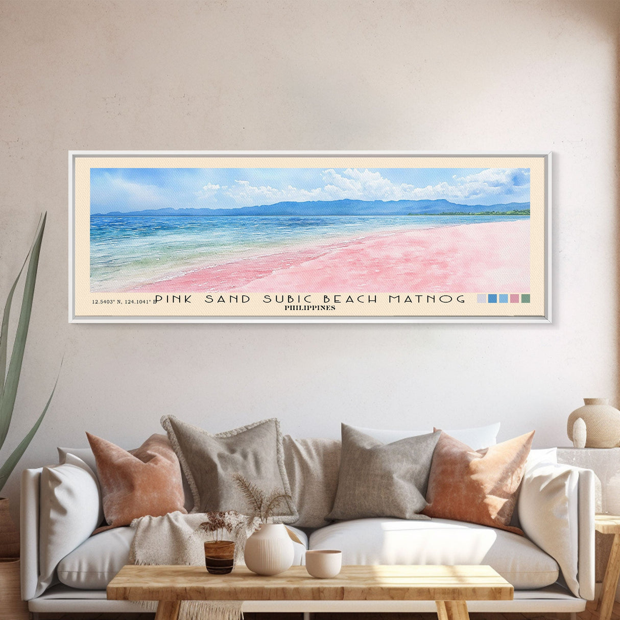 Pink sand Subic beach Matnog, Philippines Watercolor Print, Vacation Gift, Philippines Wall Art, Beach Painting, Beach Decor, Large Wall Art, Wood Frame Art