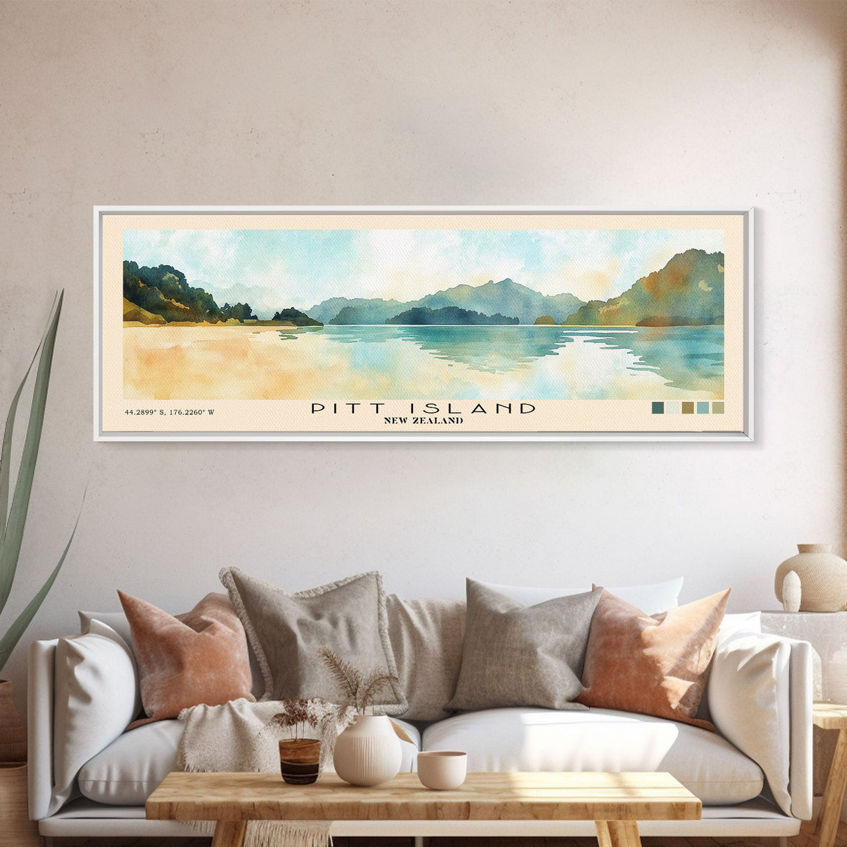 Pitt Island, New Zealand Watercolor Beach Print, Vacation Gift, New Zealand Wall Art, Framed Canvas Print, Framed Beach Painting