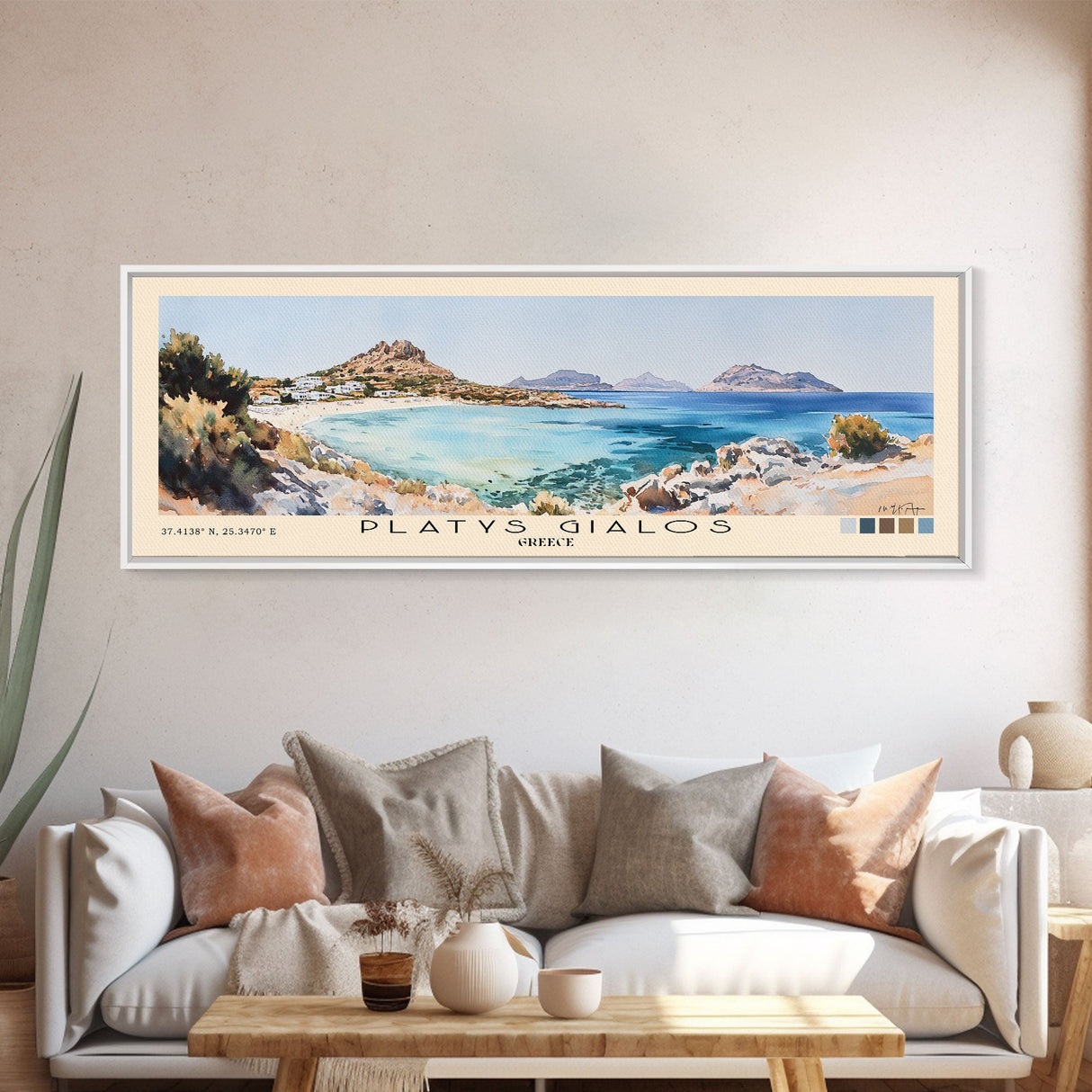 Platys Gialos, Greece Watercolor Beach Print, Vacation Gift, Greece Wall Art, Framed Canvas Print, Framed Beach Painting