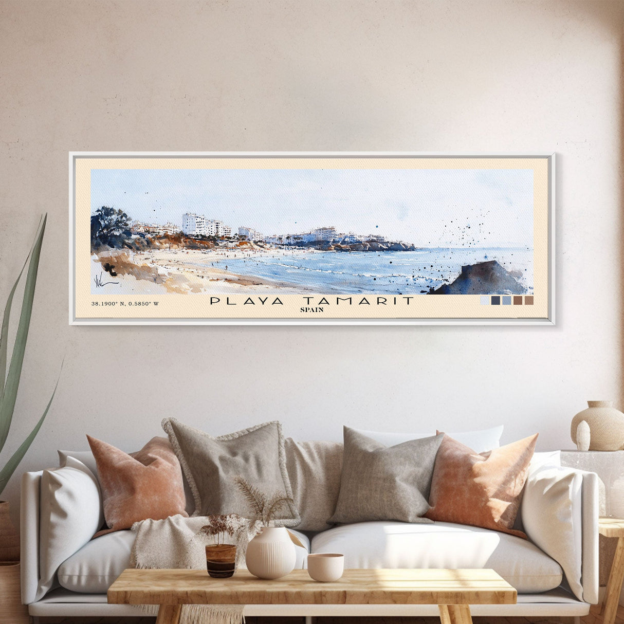 Playa Tamarit, Spain Watercolor Print, Vacation Gift, Spain Wall Art, Beach Painting, Beach Decor, Large Wall Art, Wood Frame Art