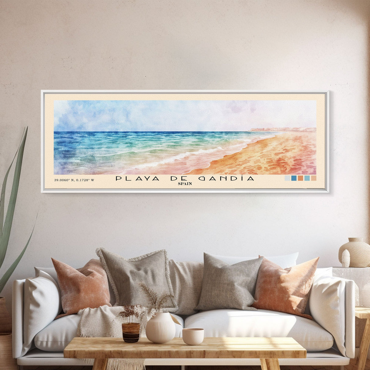 Playa de Gandía, Spain Watercolor Beach Print, Vacation Gift, Spain Wall Art, Framed Canvas Print, Framed Beach Painting