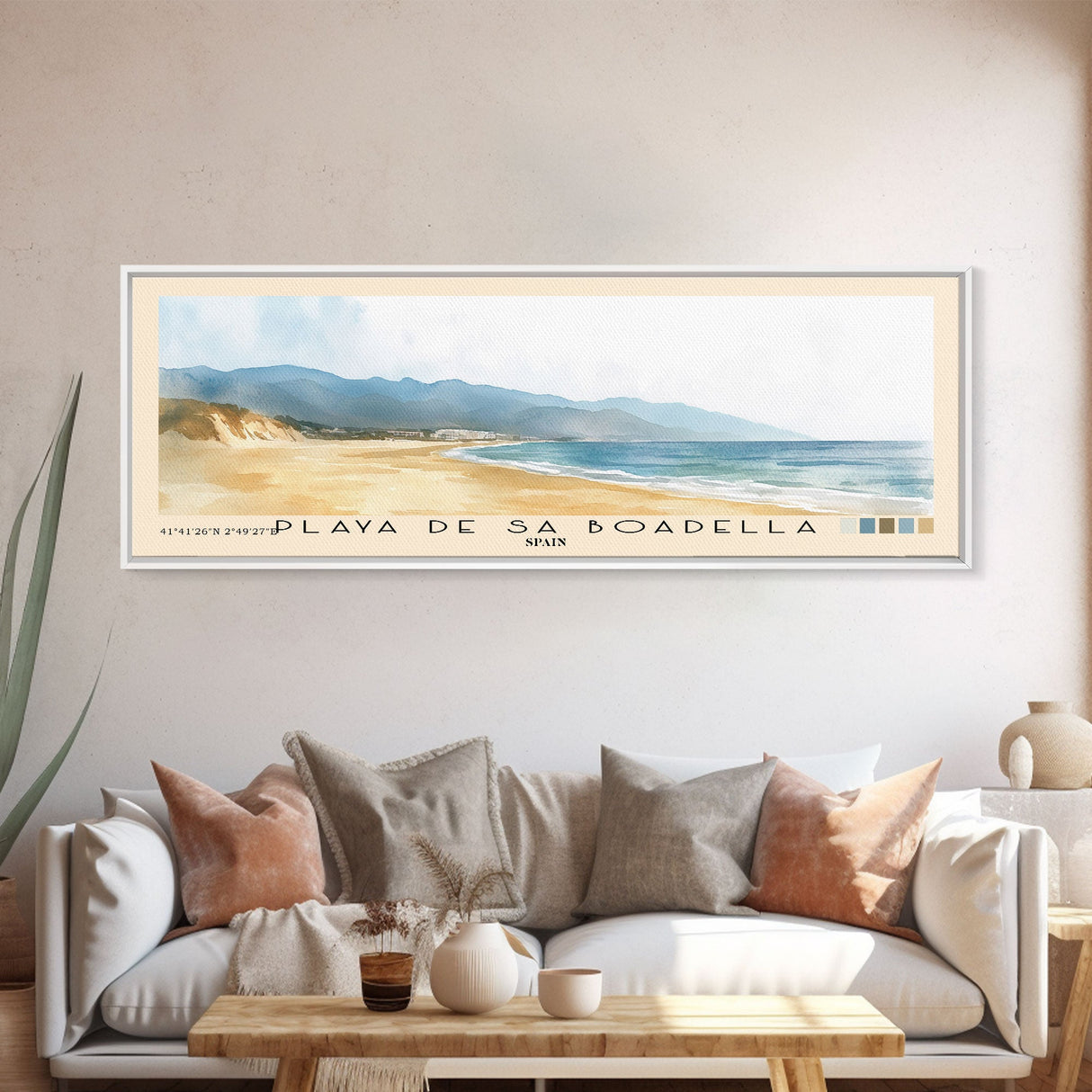 Playa de Sa Boadella, Spain Watercolor Print, Vacation Gift, Spain Wall Art, Beach Painting, Beach Decor, Large Wall Art, Wood Frame Art