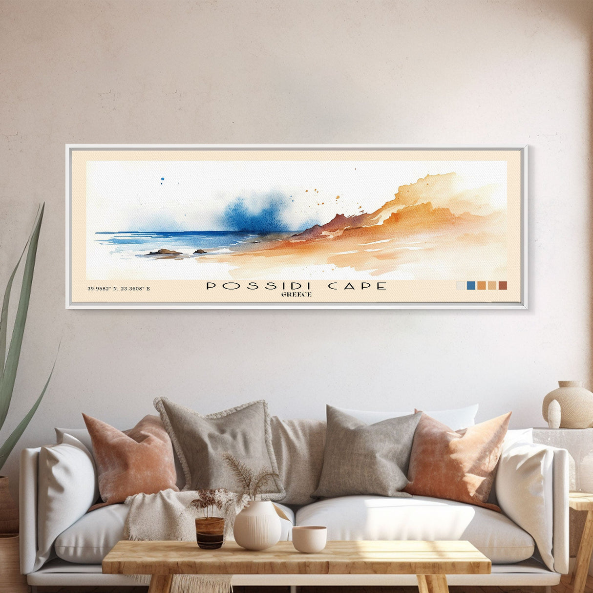 Possidi Cape, Greece Watercolor Beach Print, Vacation Gift, Greece Wall Art, Framed Canvas Print, Framed Beach Painting