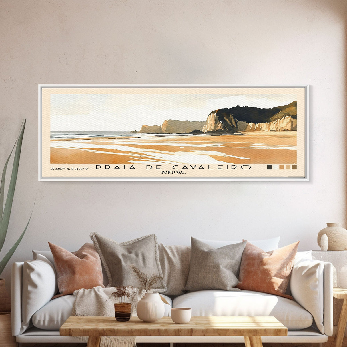 Praia de Cavaleiro, Portugal Watercolor Beach Print, Vacation Gift, Portugal Wall Art, Framed Canvas Print, Framed Beach Painting