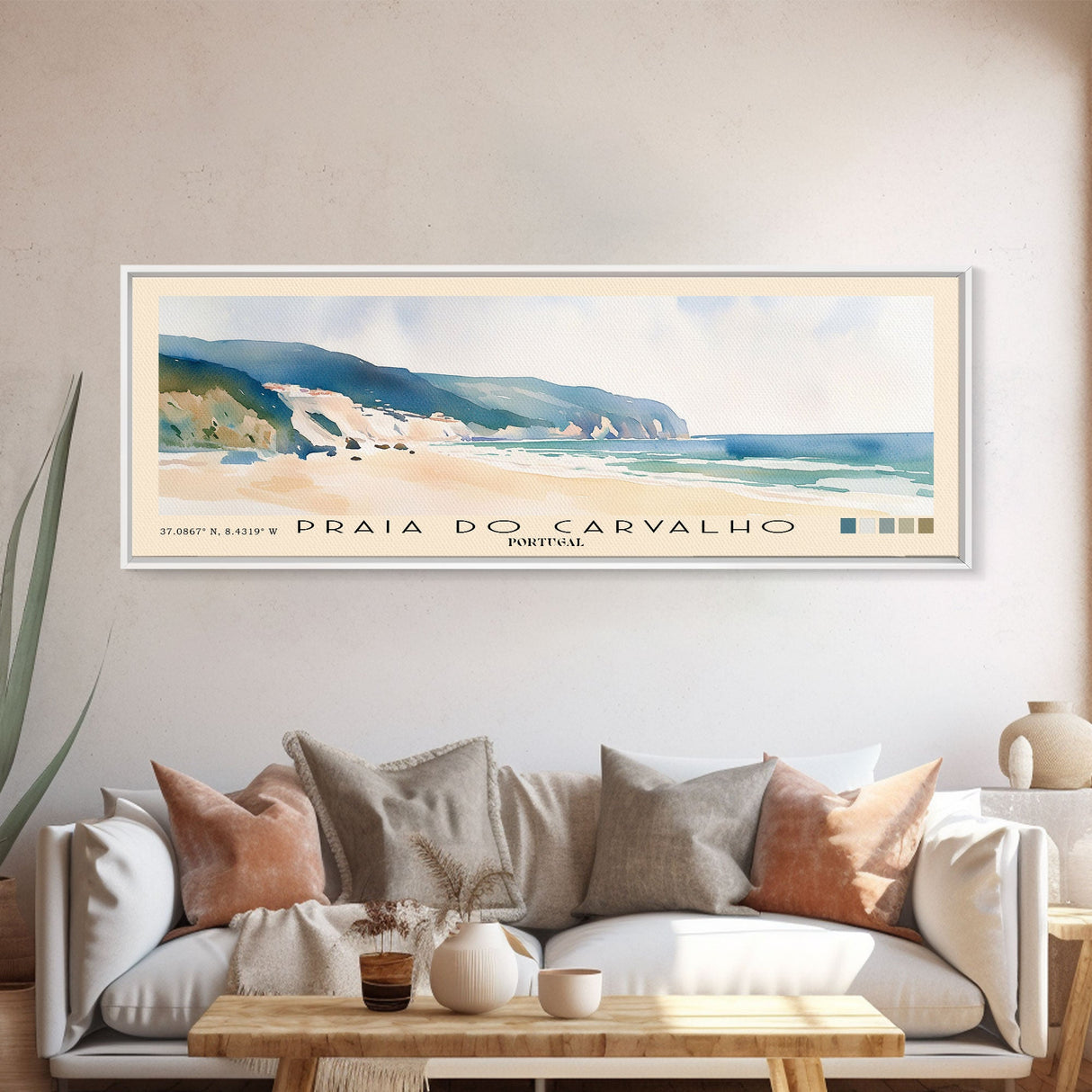 Praia do Carvalho, Portugal Watercolor Beach Print, Vacation Gift, Portugal Wall Art, Framed Canvas Print, Framed Beach Painting