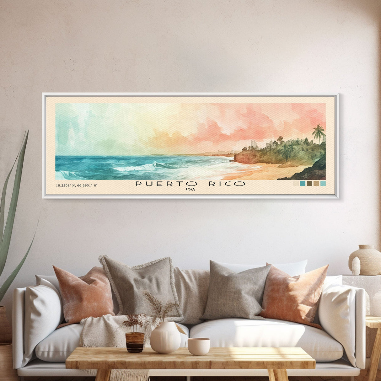 Puerto Rico, USA Watercolor Print, Vacation Gift, USA Wall Art, Beach Painting, Beach Decor, Large Wall Art, Wood Frame Art