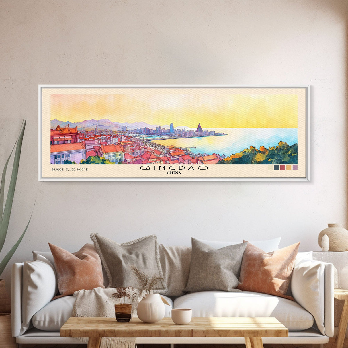 Qingdao, China Watercolor Beach Print, Vacation Gift, China Wall Art, Framed Canvas Print, Framed Beach Painting