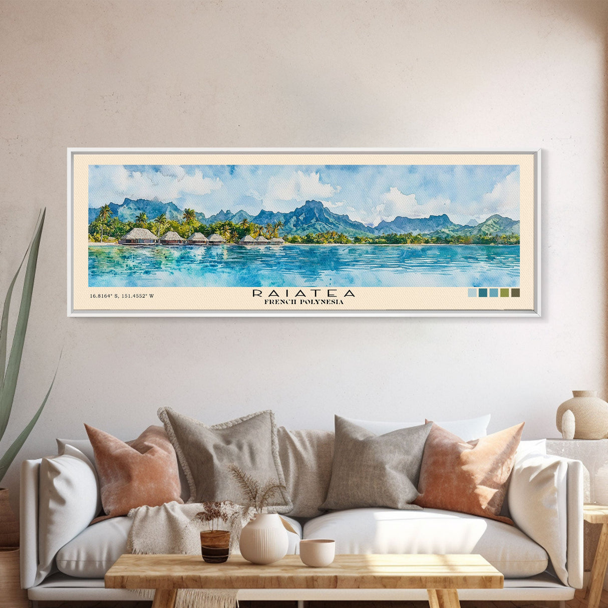 Raiatea, French Polynesia Watercolor Beach Print, Vacation Gift, French Polynesia Wall Art, Framed Canvas Print, Framed Beach Painting