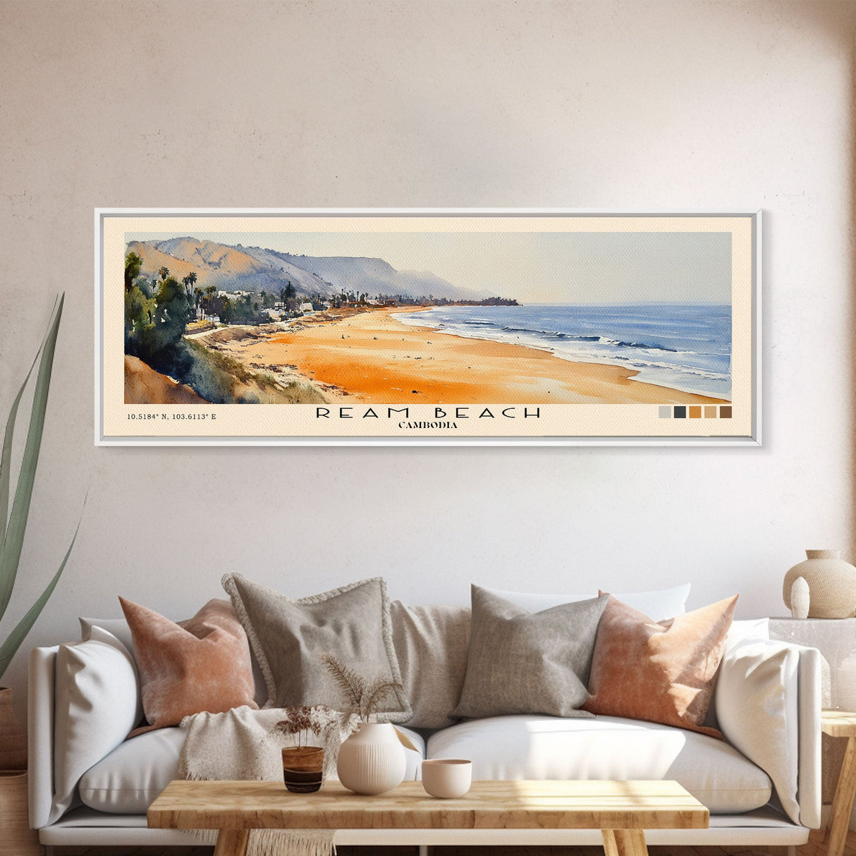 Ream Beach, Cambodia Watercolor Print, Vacation Gift, Cambodia Wall Art, Beach Painting, Beach Decor, Large Wall Art, Wood Frame Art