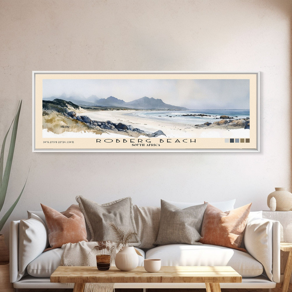 Robberg Beach, South Africa Watercolor Beach Print, Vacation Gift, South Africa Wall Art, Framed Canvas Print, Framed Beach Painting