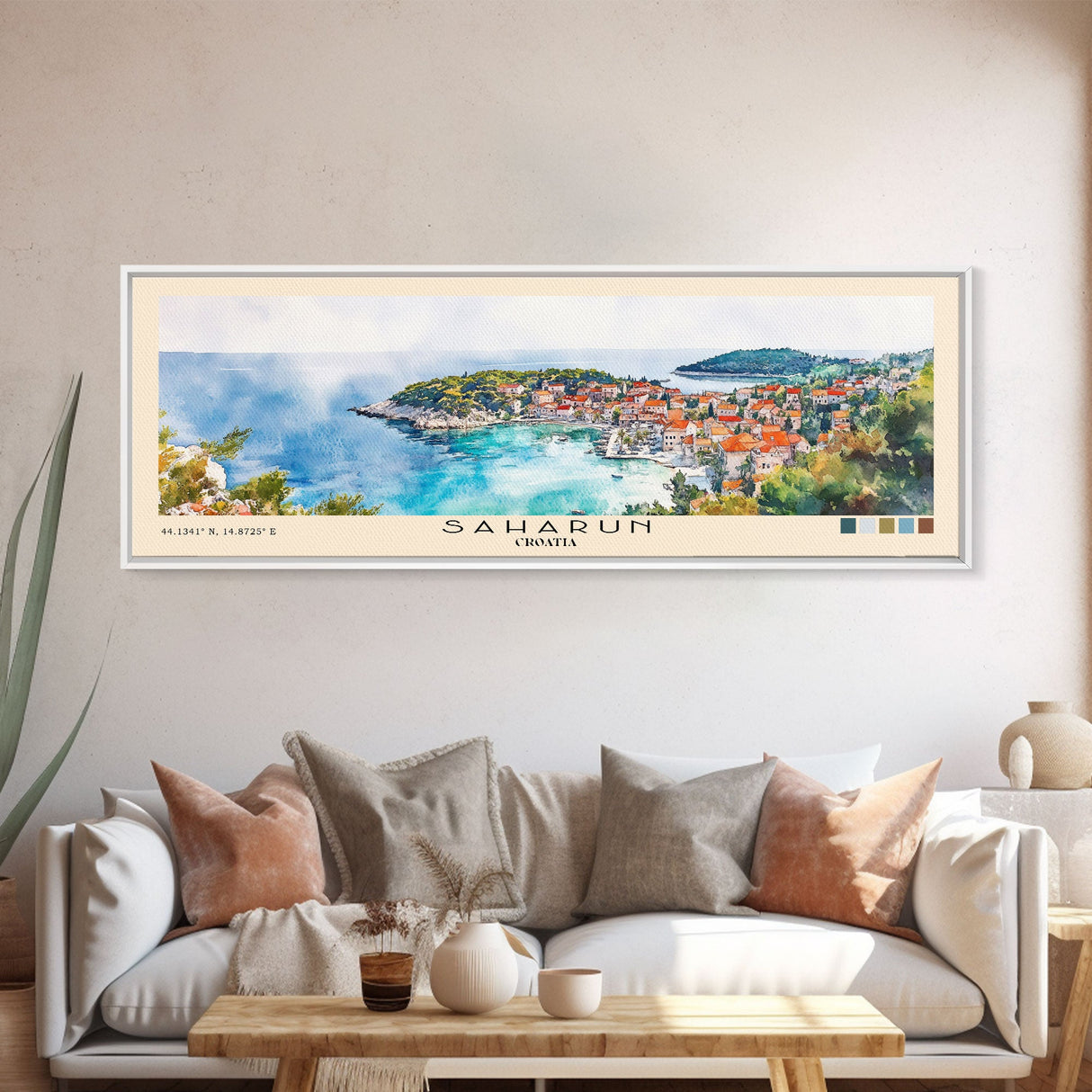 Saharun, Croatia Watercolor Print, Vacation Gift, Croatia Wall Art, Beach Painting, Beach Decor, Large Wall Art, Wood Frame Art