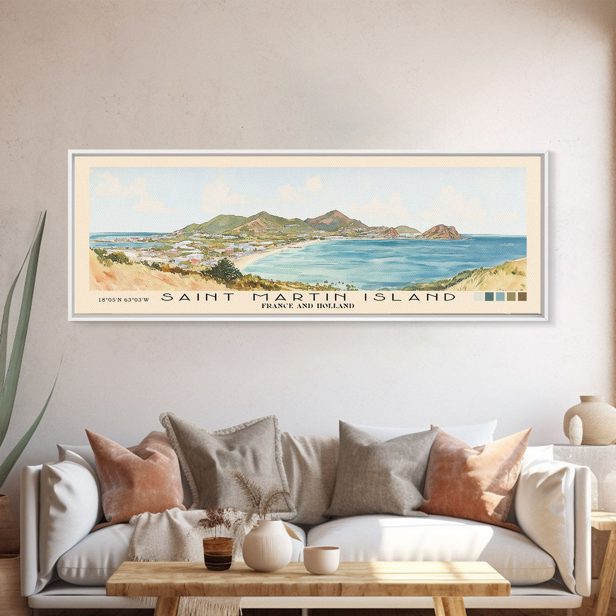 Saint Martin Island, France and Holland Watercolor Beach Print, Vacation Gift, France and Holland Wall Art, Framed Canvas Print, Framed Beach Painting