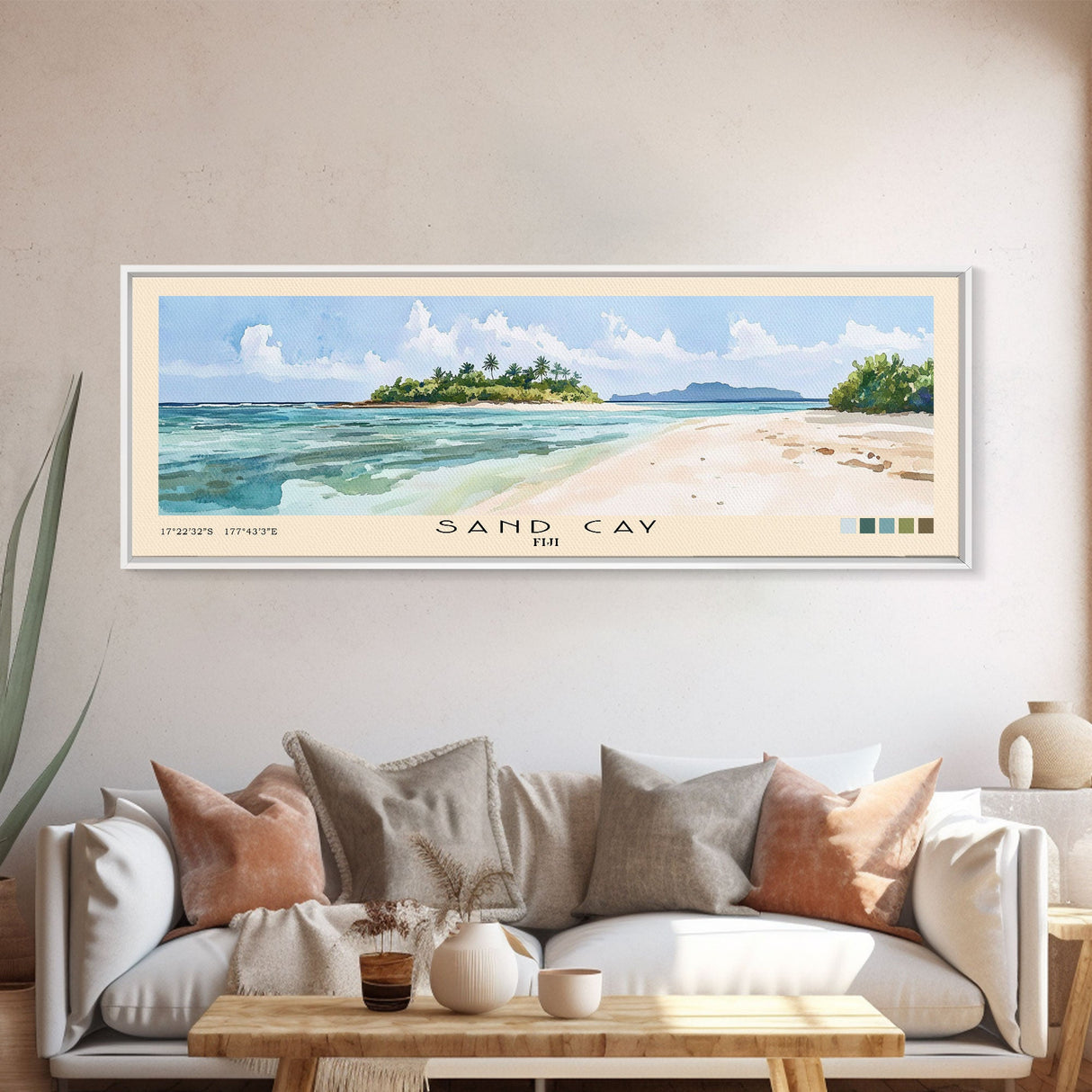 Sand Cay, Fiji Watercolor Beach Print, Vacation Gift, Fiji Wall Art, Framed Canvas Print, Framed Beach Painting