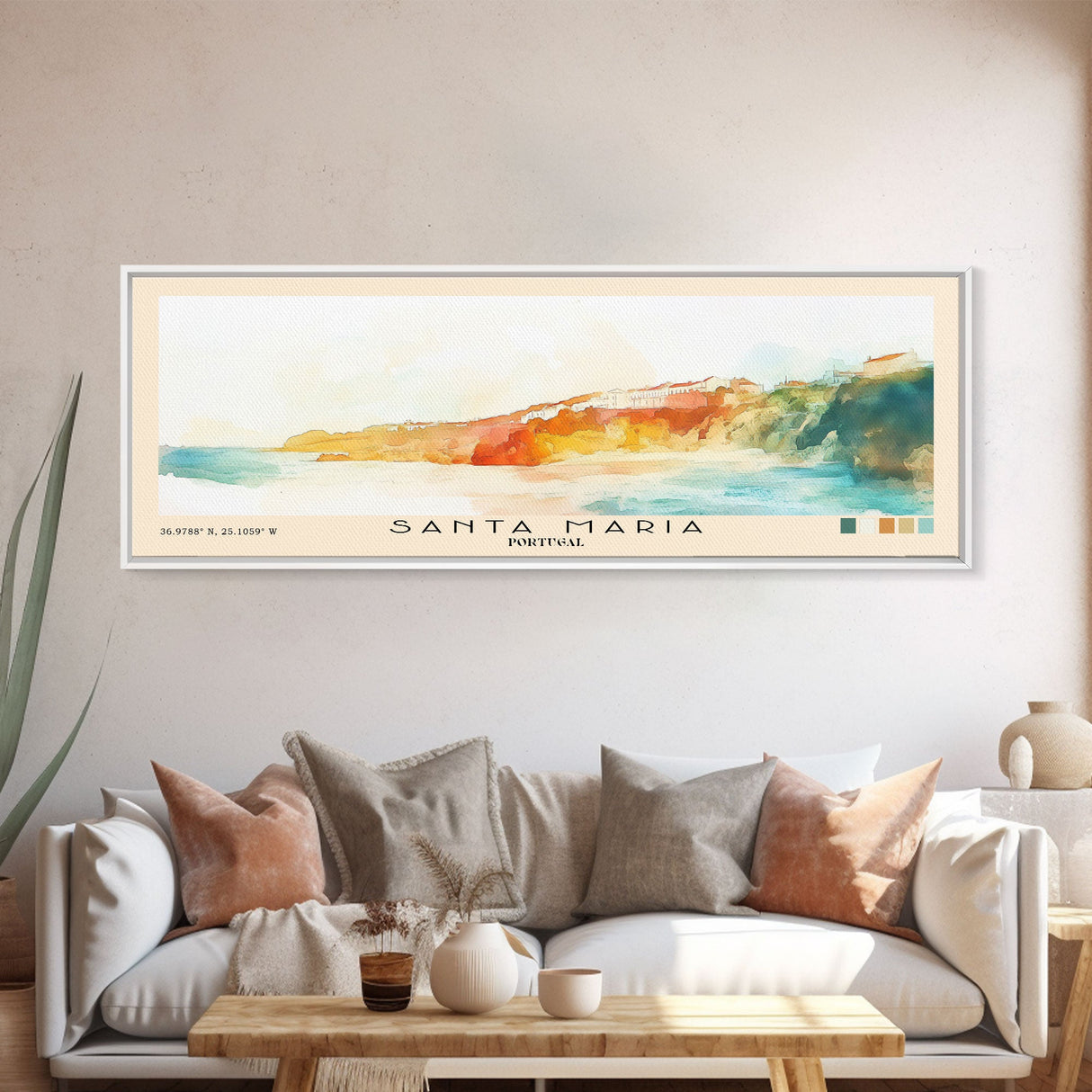 Santa Maria, Portugal Watercolor Beach Print, Vacation Gift, Portugal Wall Art, Framed Canvas Print, Framed Beach Painting