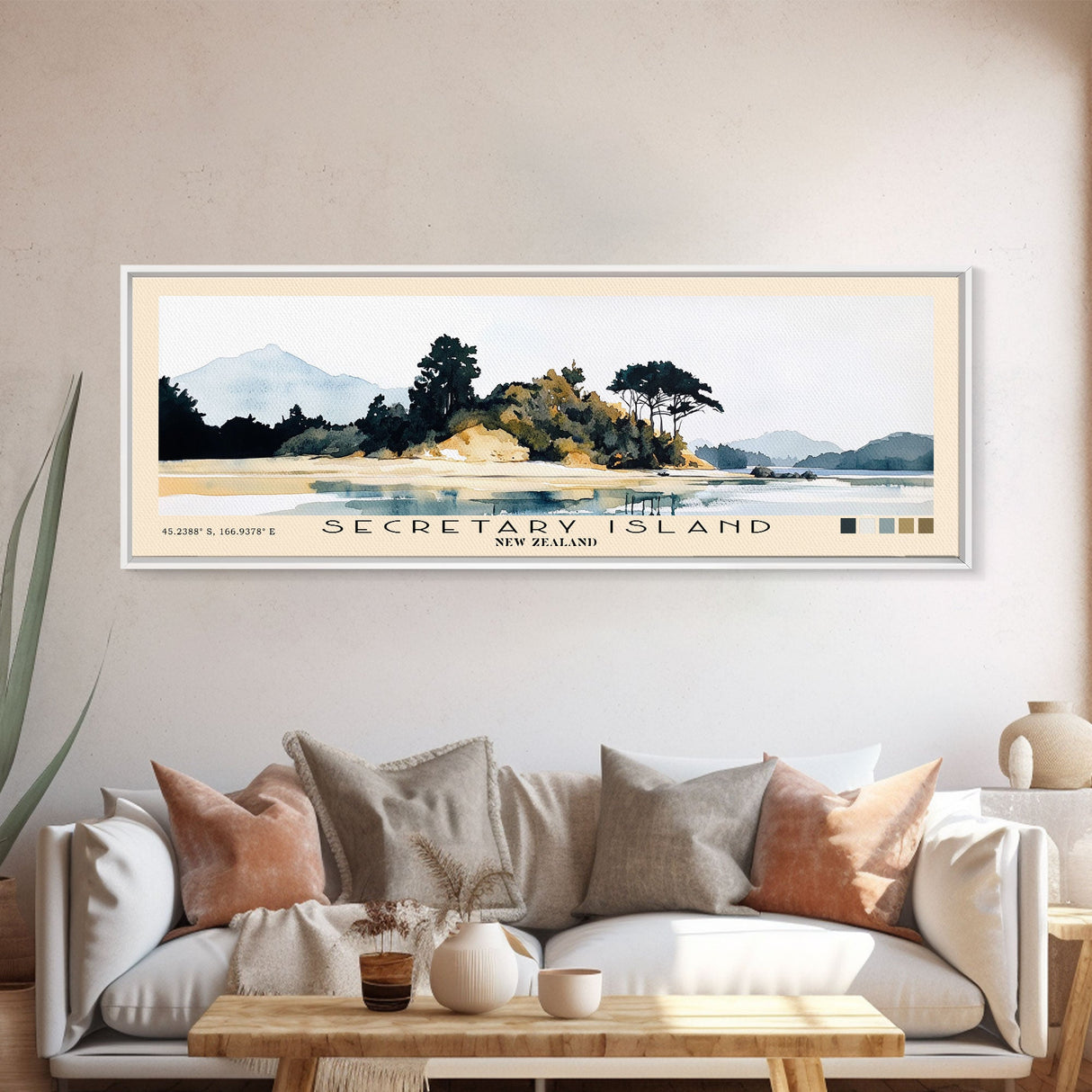 Secretary Island, New Zealand Watercolor Beach Print, Vacation Gift, New Zealand Wall Art, Framed Canvas Print, Framed Beach Painting