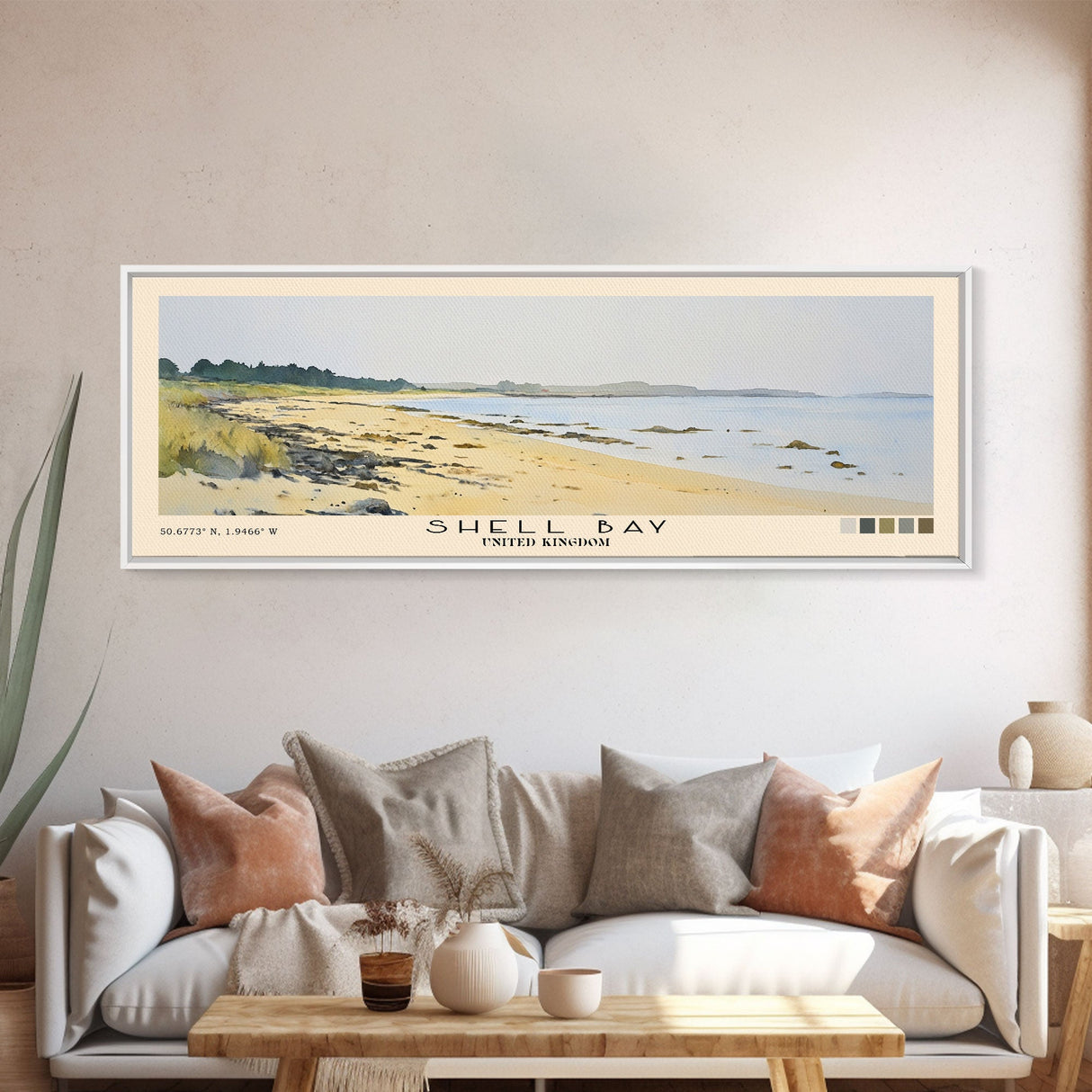 Shell Bay, United Kingdom Watercolor Beach Print, Vacation Gift, United Kingdom Wall Art, Framed Canvas Print, Framed Beach Painting