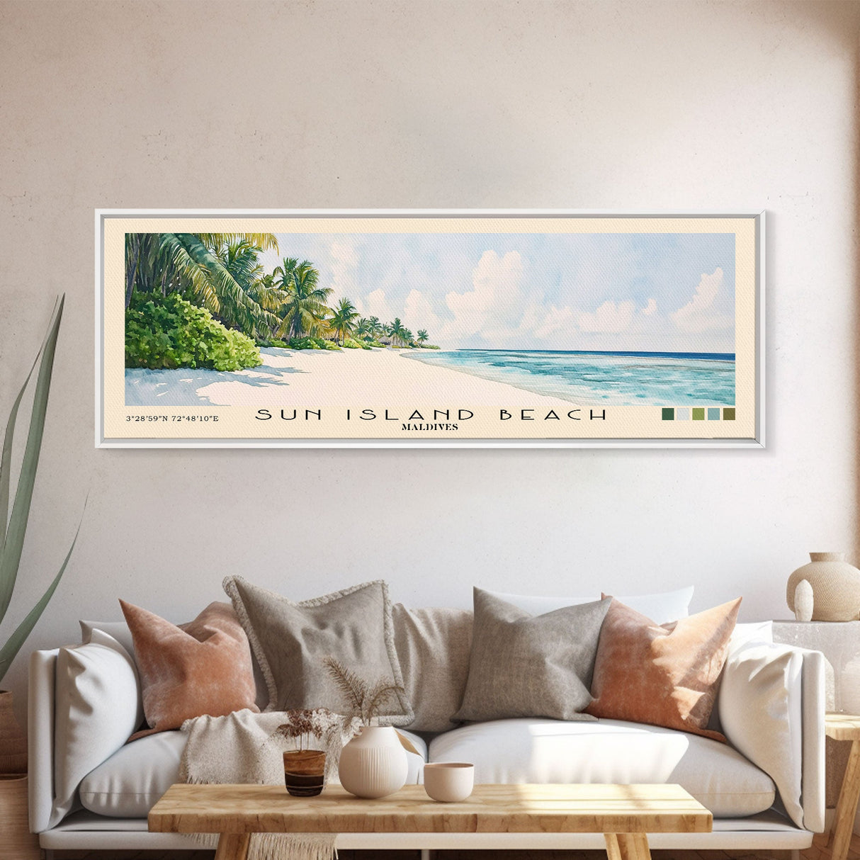 Sun Island Beach, Maldives Watercolor Print, Vacation Gift, Maldives Wall Art, Beach Painting, Beach Decor, Large Wall Art, Wood Frame Art