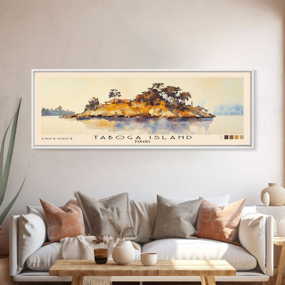 Taboga Island, Panamá Watercolor Beach Print, Vacation Gift, Panamá Wall Art, Framed Canvas Print, Framed Beach Painting