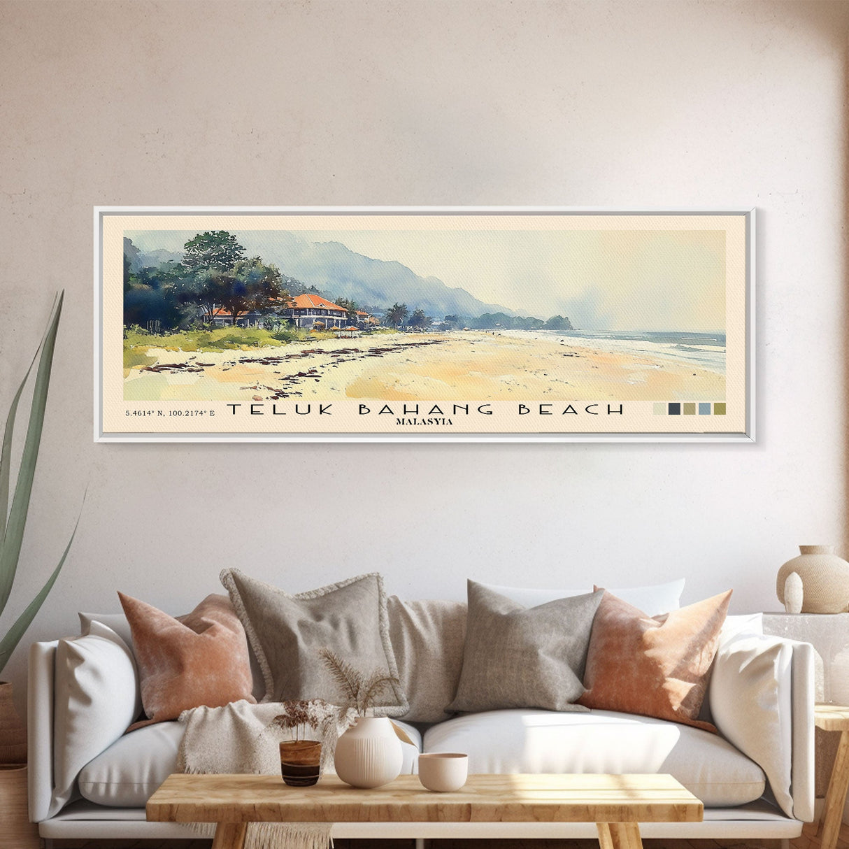 Teluk Bahang Beach, Malasyia Watercolor Print, Vacation Gift, Malasyia Wall Art, Beach Painting, Beach Decor, Large Wall Art, Wood Frame Art