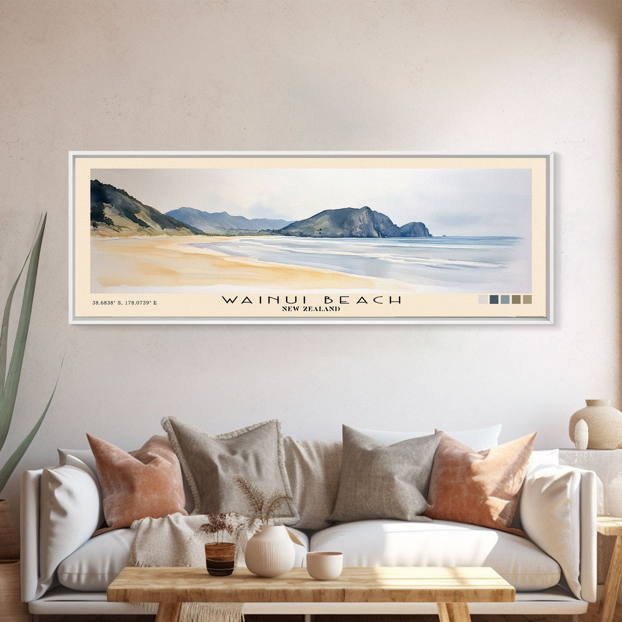 Wainui Beach, New Zealand Watercolor Print, Vacation Gift, New Zealand Wall Art, Beach Painting, Beach Decor, Large Wall Art, Wood Frame Art