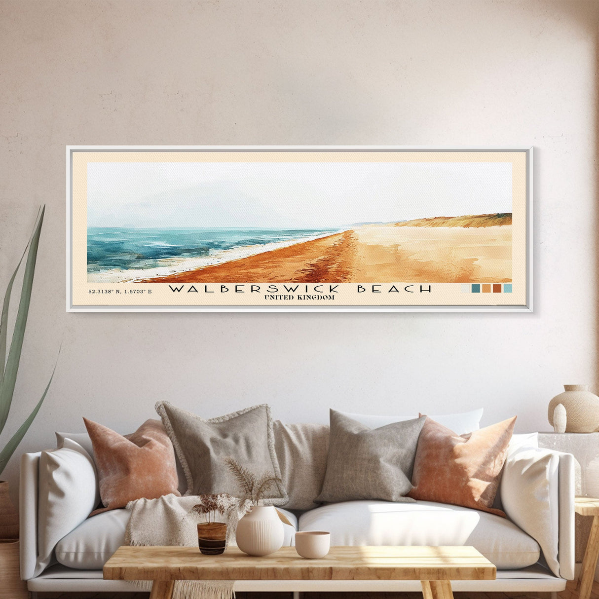 Walberswick Beach, United Kingdom Watercolor Beach Print, Vacation Gift, United Kingdom Wall Art, Framed Canvas Print, Framed Beach Painting