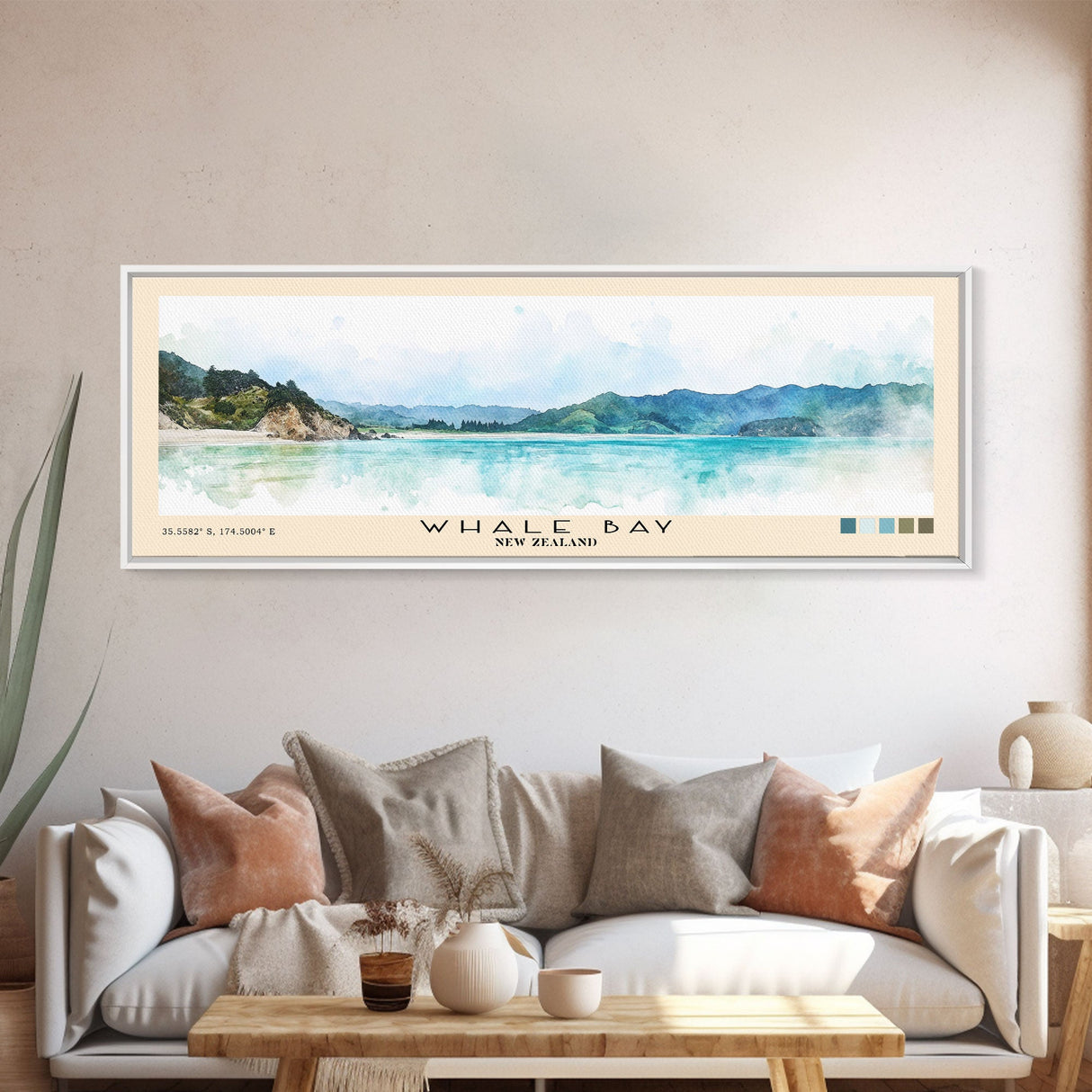 Whale Bay, New Zealand Watercolor Print, Vacation Gift, New Zealand Wall Art, Beach Painting, Beach Decor, Large Wall Art, Wood Frame Art