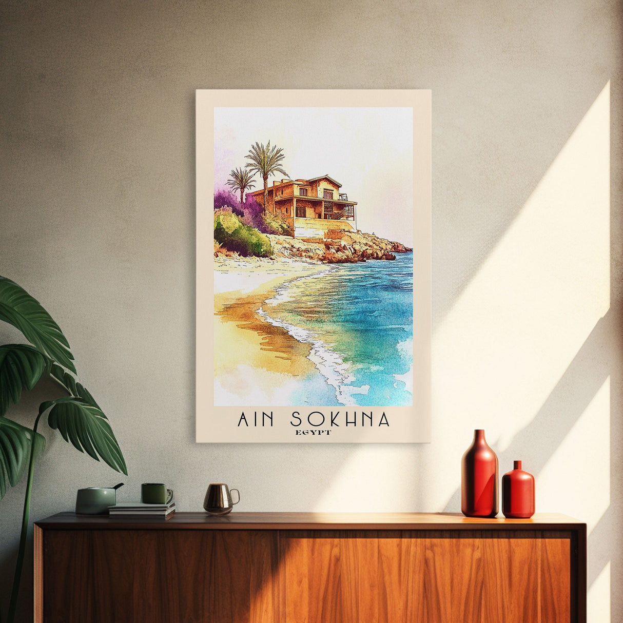 Ain Sokhna, Egypt Watercolor Print, Vacation Gift, Egypt Wall Art, Beach Painting, Beach Decor, Large Wall Art, Wood Frame Art