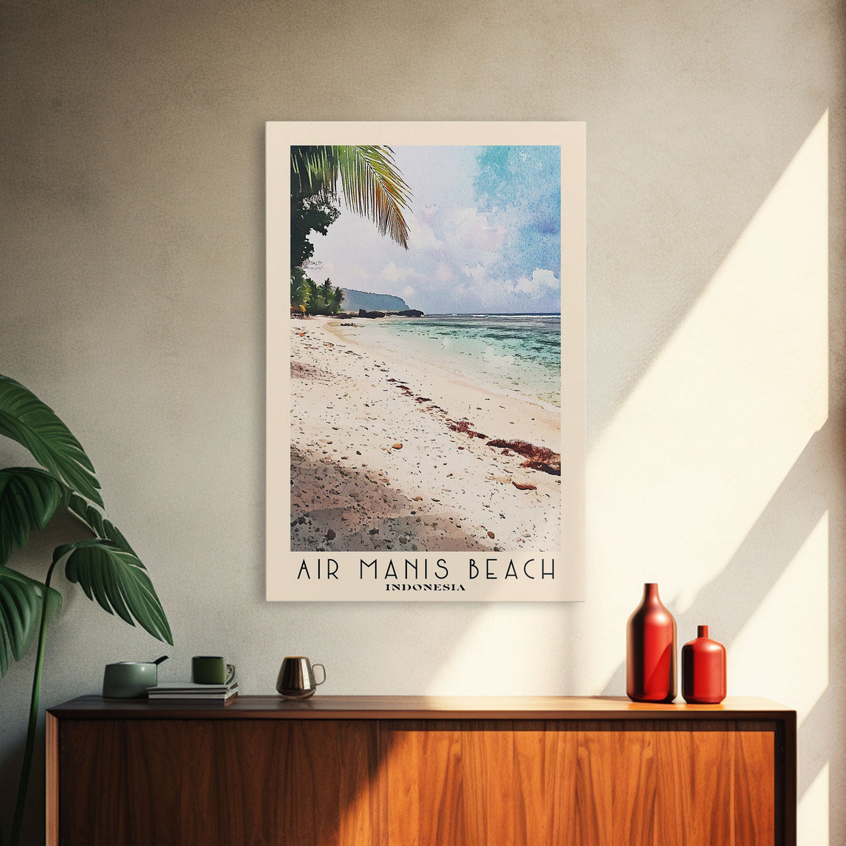 Air Manis Beach, Indonesia Watercolor Beach Print, Vacation Gift, Indonesia Wall Art, Framed Canvas Print, Framed Beach Painting