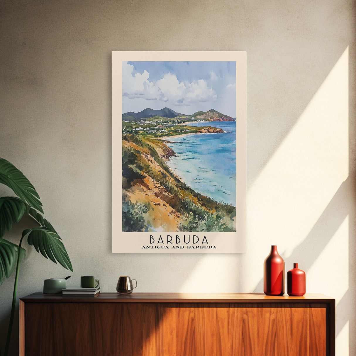 Barbuda, Antigua and Barbuda Watercolor Beach Print, Vacation Gift, Antigua and Barbuda Wall Art, Framed Canvas Print, Framed Beach Painting