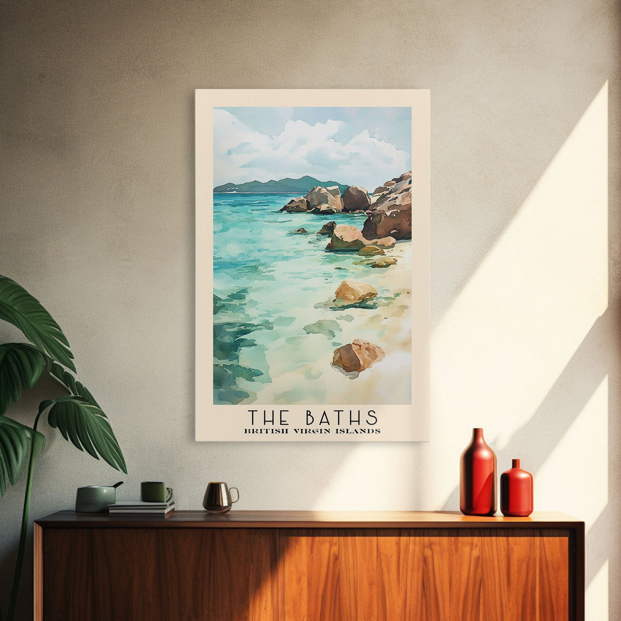 The Baths, British Virgin Islands Watercolor Beach Print, Vacation Gift, British Virgin Islands Wall Art, Framed Canvas Print, Framed Beach Painting