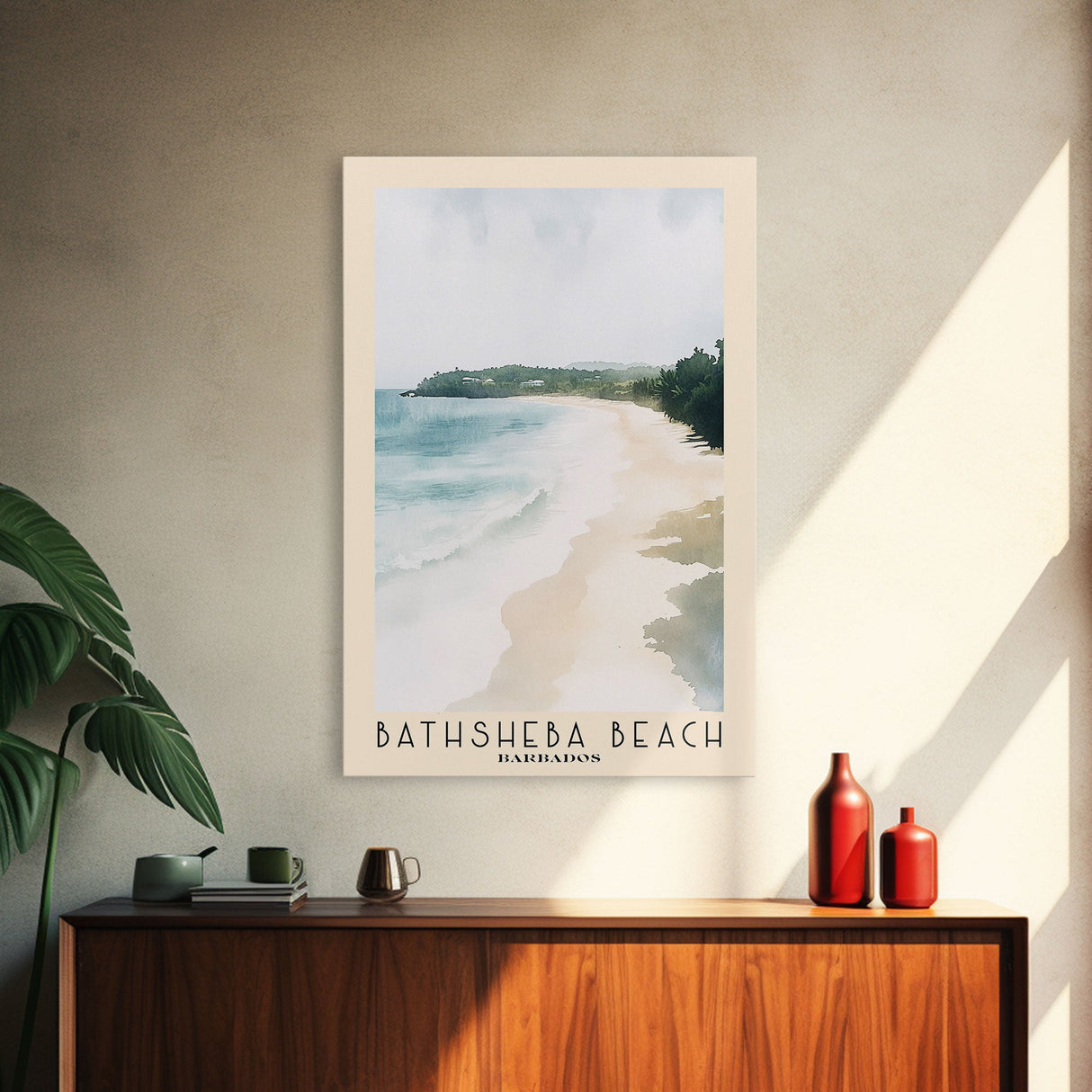 Bathsheba Beach, Barbados Watercolor Print, Vacation Gift, Barbados Wall Art, Beach Painting, Beach Decor, Large Wall Art, Wood Frame Art