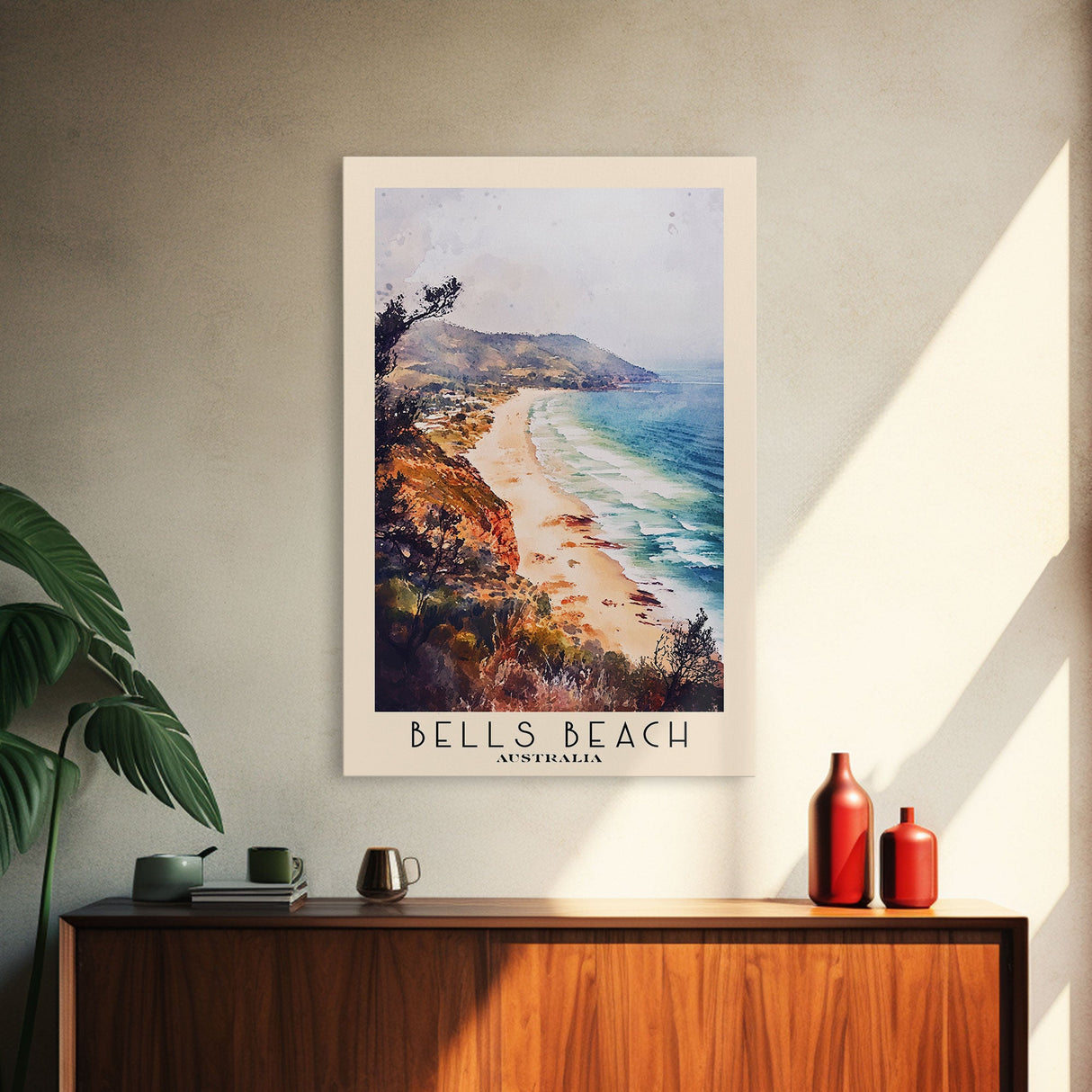 Bells Beach, Australia Watercolor Beach Print, Vacation Gift, Australia Wall Art, Framed Canvas Print, Framed Beach Painting