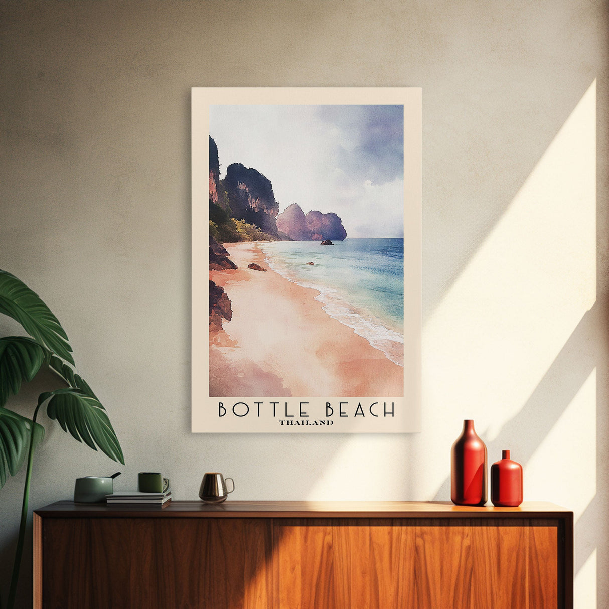 Bottle Beach, Thailand Watercolor Beach Print, Vacation Gift, Thailand Wall Art, Framed Canvas Print, Framed Beach Painting