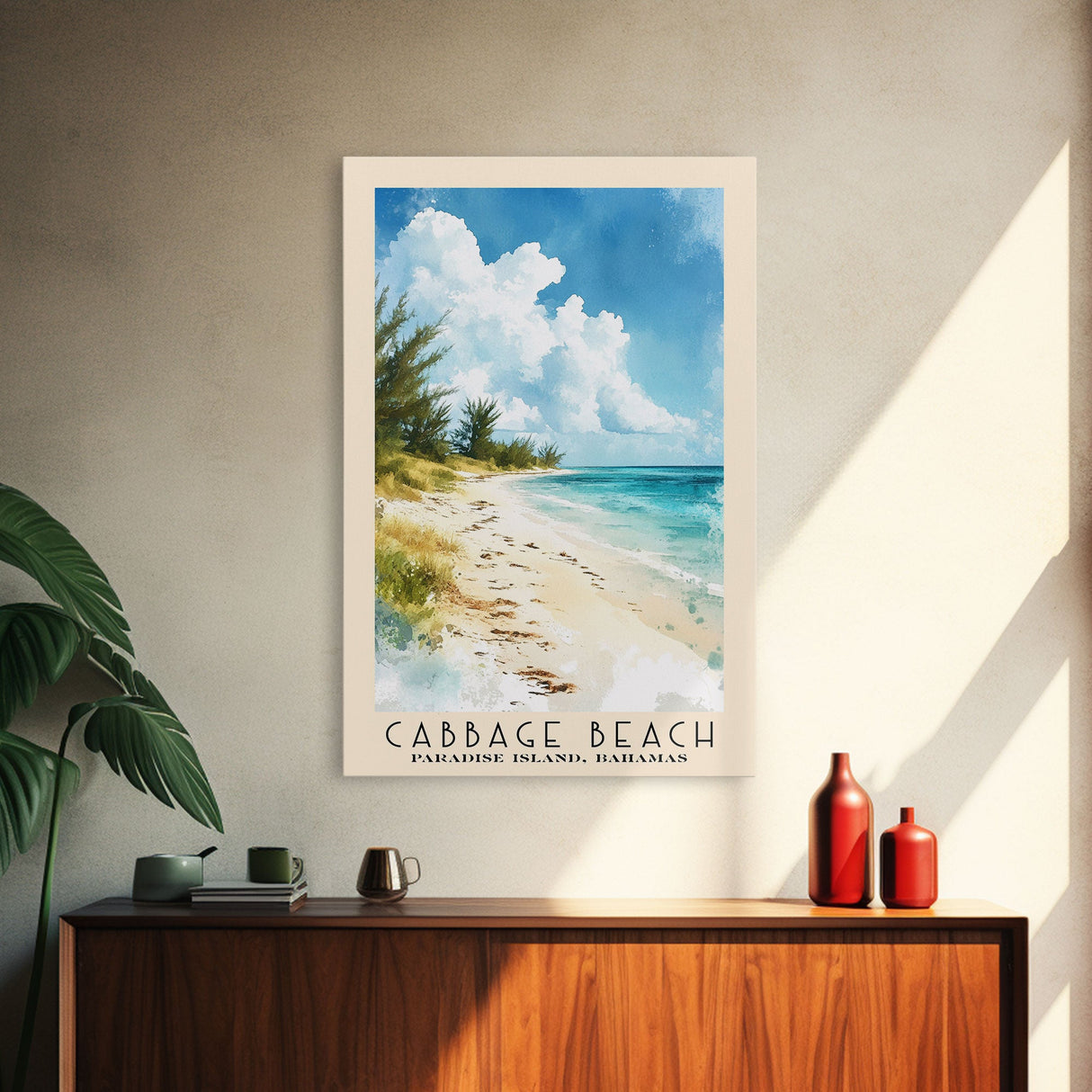 Cabbage Beach, Paradise Island, Bahamas Watercolor Beach Print, Vacation Gift, Paradise Island, Bahamas Wall Art, Framed Canvas Print, Framed Beach Painting