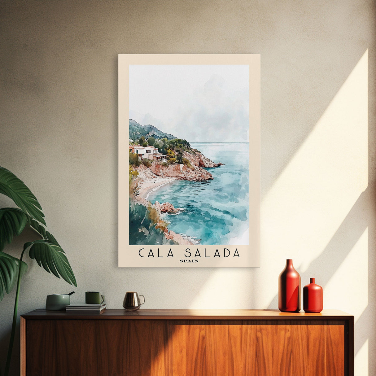 Cala Salada, Spain Watercolor Beach Print, Vacation Gift, Spain Wall Art, Framed Canvas Print, Framed Beach Painting