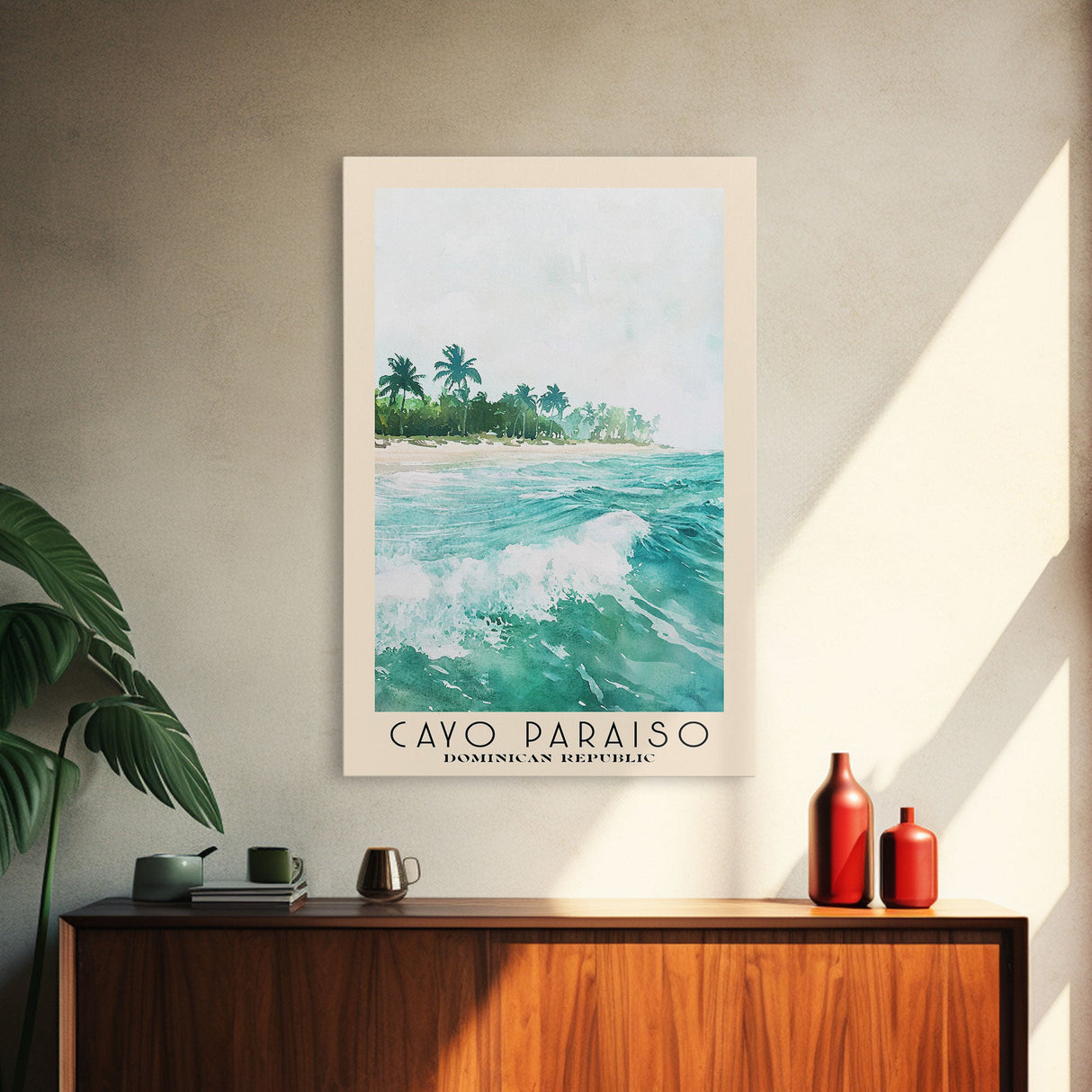 Cayo Paraiso, Dominican Republic Watercolor Beach Print, Vacation Gift, Dominican Republic Wall Art, Framed Canvas Print, Framed Beach Painting